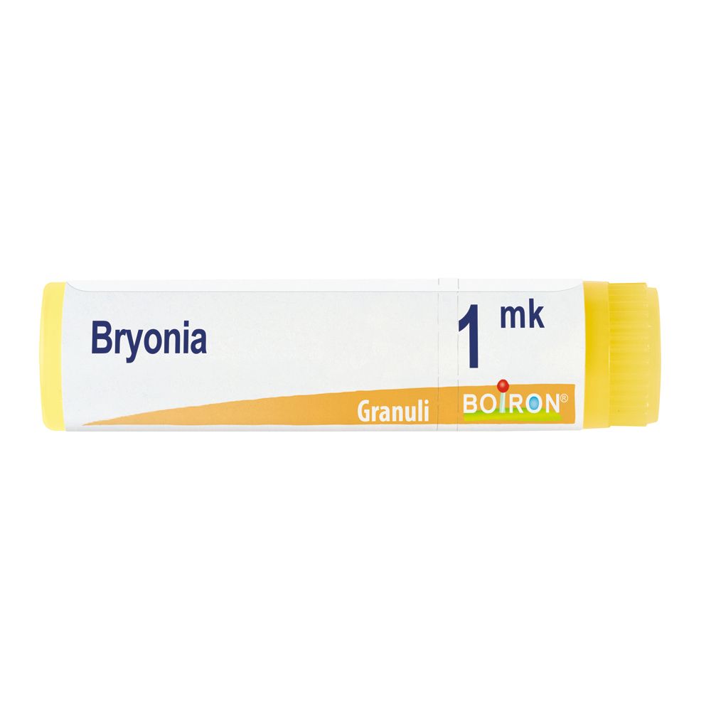 Contenitore monodose cilindrico. Scritta: Bryonia, 1 mk, Granuli, BOIRON. Tappo giallo.