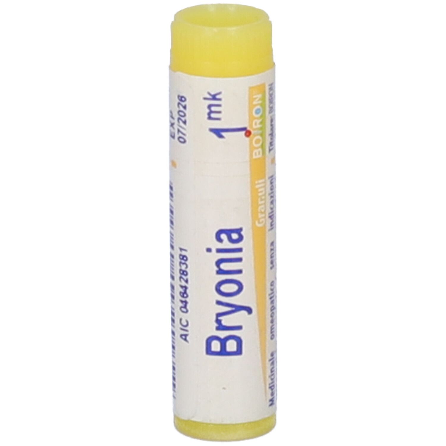Contenitore monodose cilindrico. Scritta: Bryonia, 1 mk, BOIRON. Tappo giallo. Scadenza.