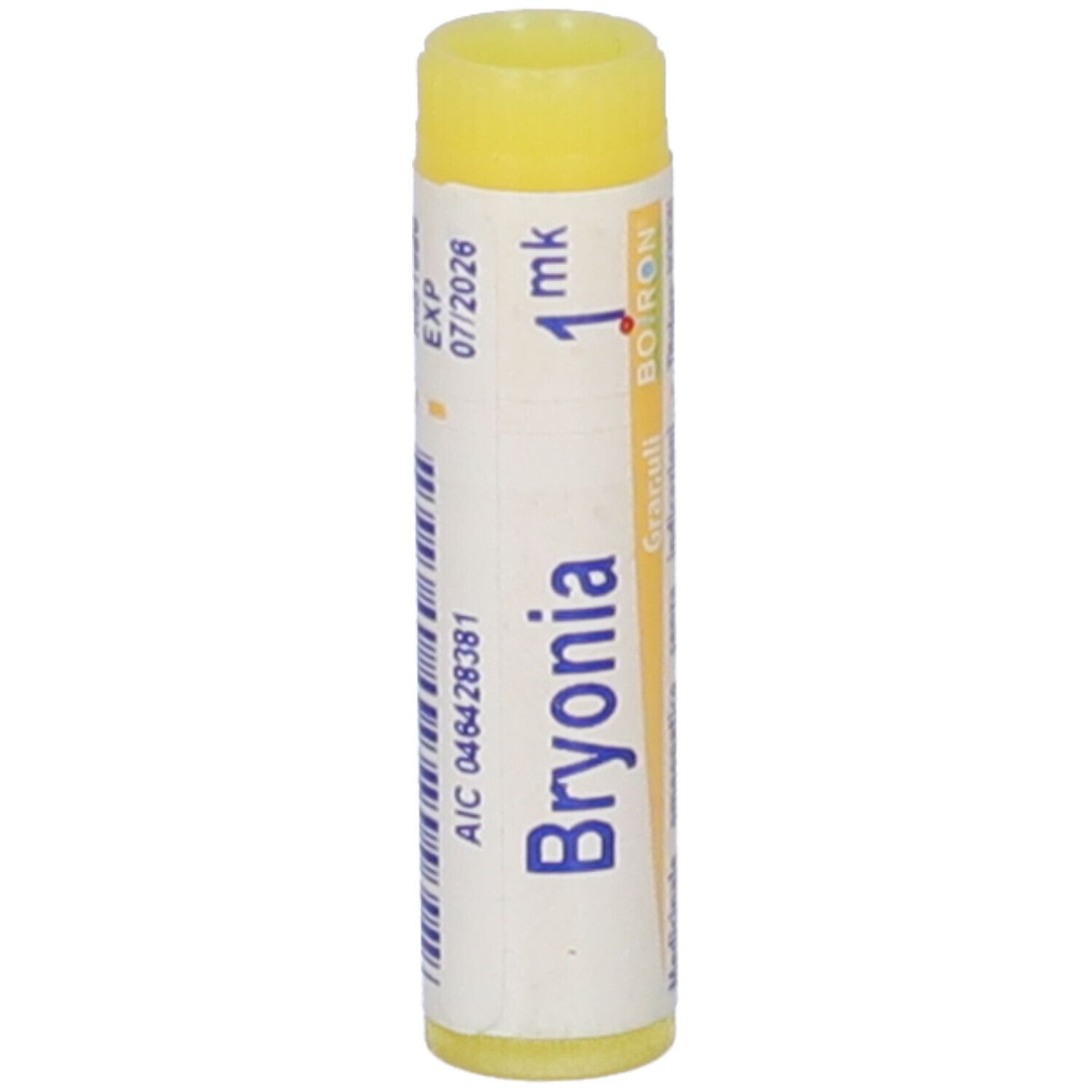 Contenitore monodose cilindrico. Scritta: Bryonia, 1 mk, BOIRON. Tappo giallo. Scadenza.
