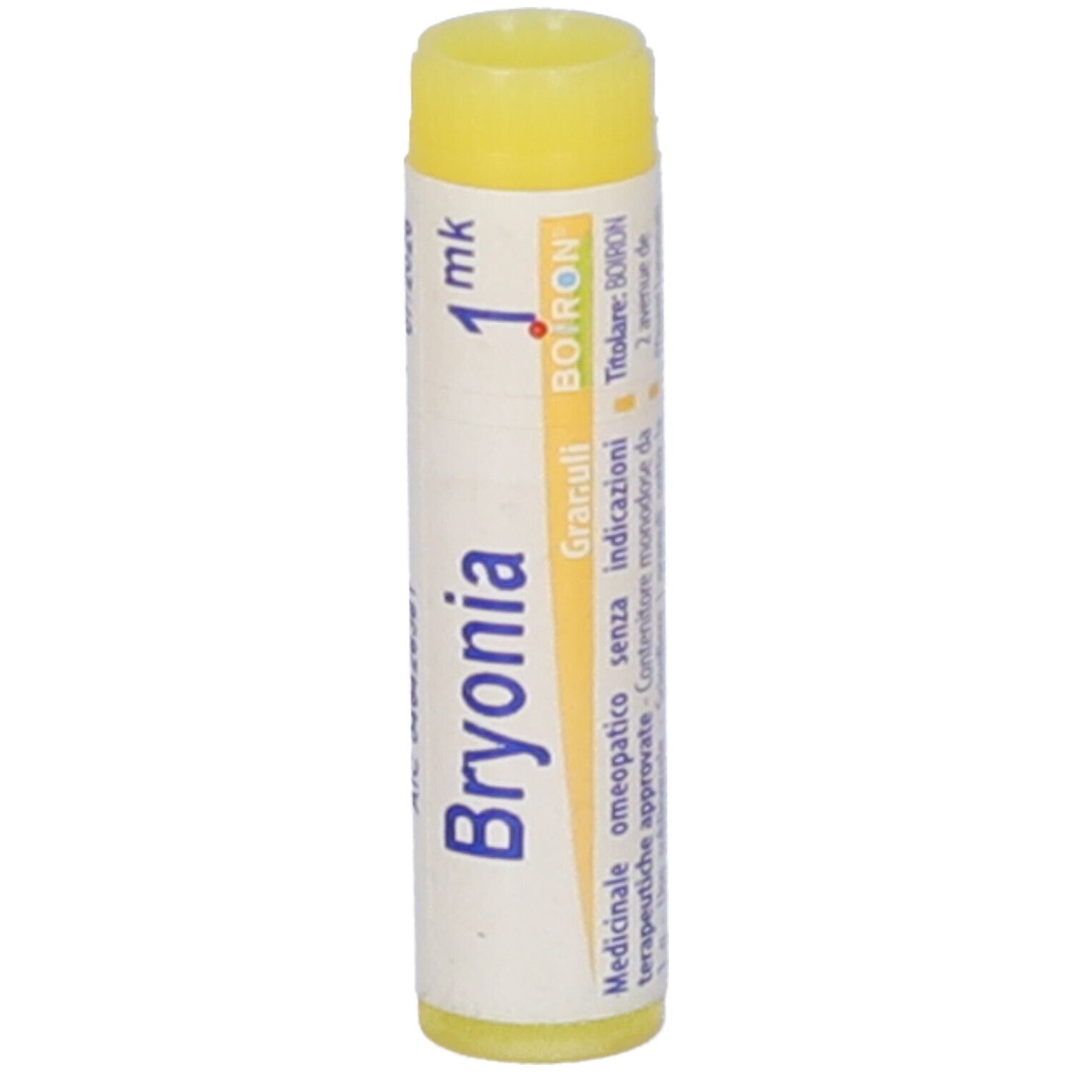 Contenitore monodose cilindrico. Scritta: Bryonia, 1 mk, BOIRON. Tappo giallo. Testo in italiano.