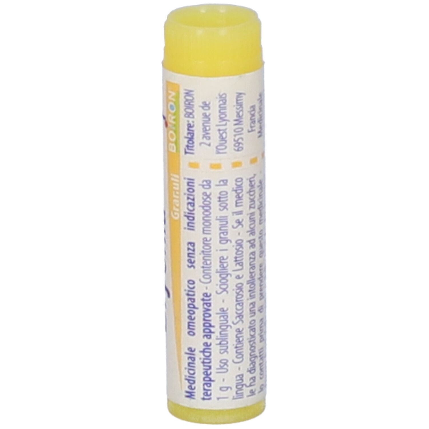 Contenitore monodose cilindrico. Scritta: Bryonia, 1 mk, BOIRON. Tappo giallo. Indirizzo BOIRON.