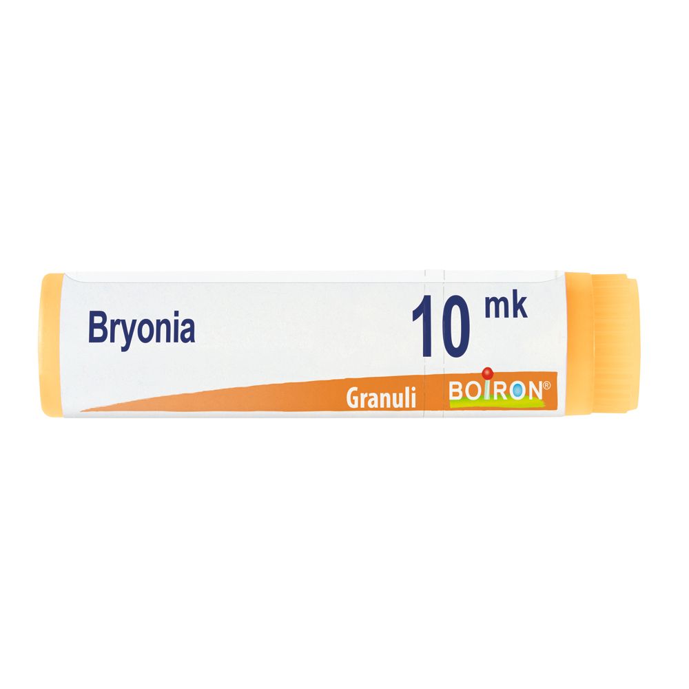 Confezione cilindrica con "Bryonia 10 mk Granuli" e logo "BOIRON". Estremità arancioni, parte centrale bianca.