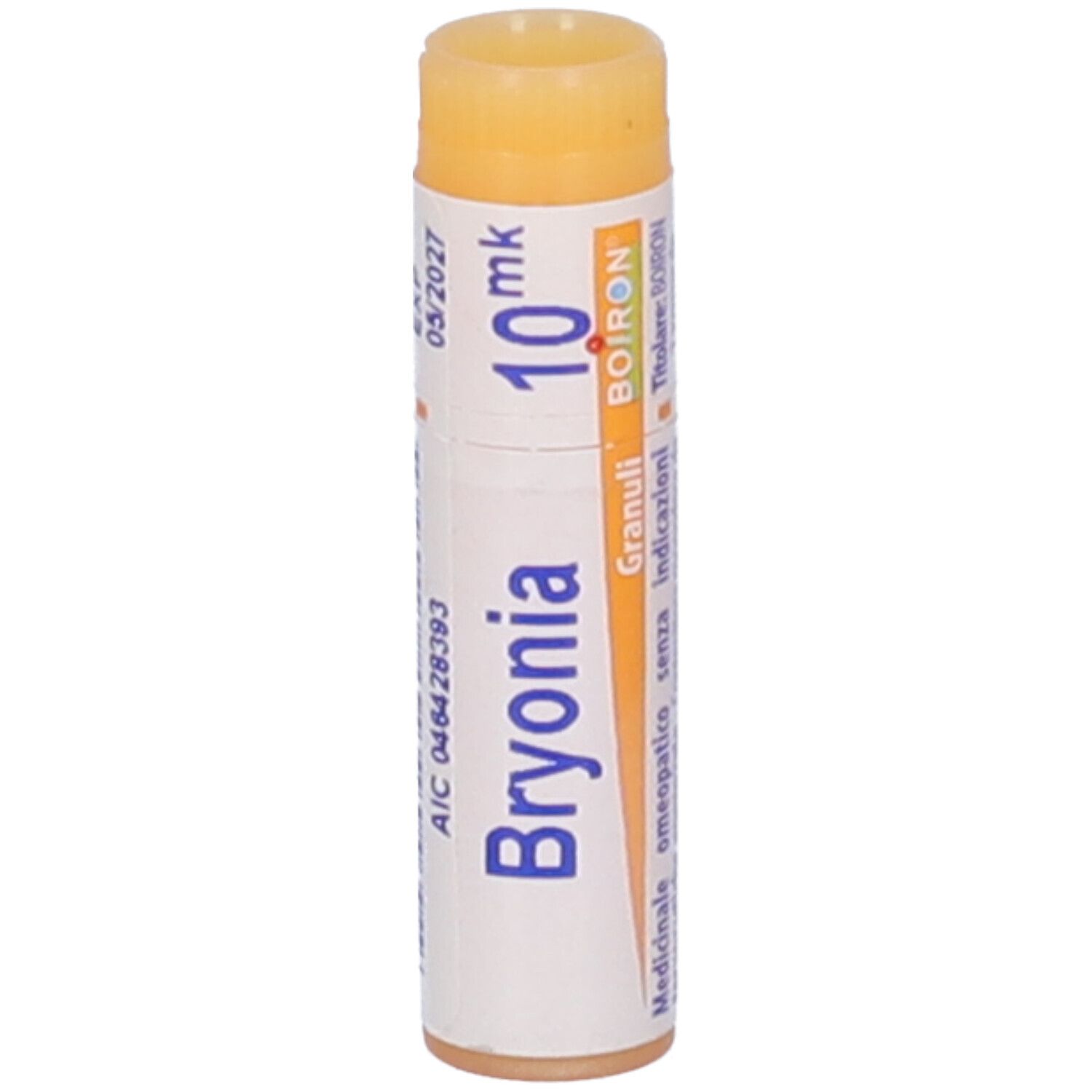 Tubo cilindrico con "Bryonia 10 mk" e logo "BOIRON". Tappo arancione. Scritte: AIC, EXP, Lot.