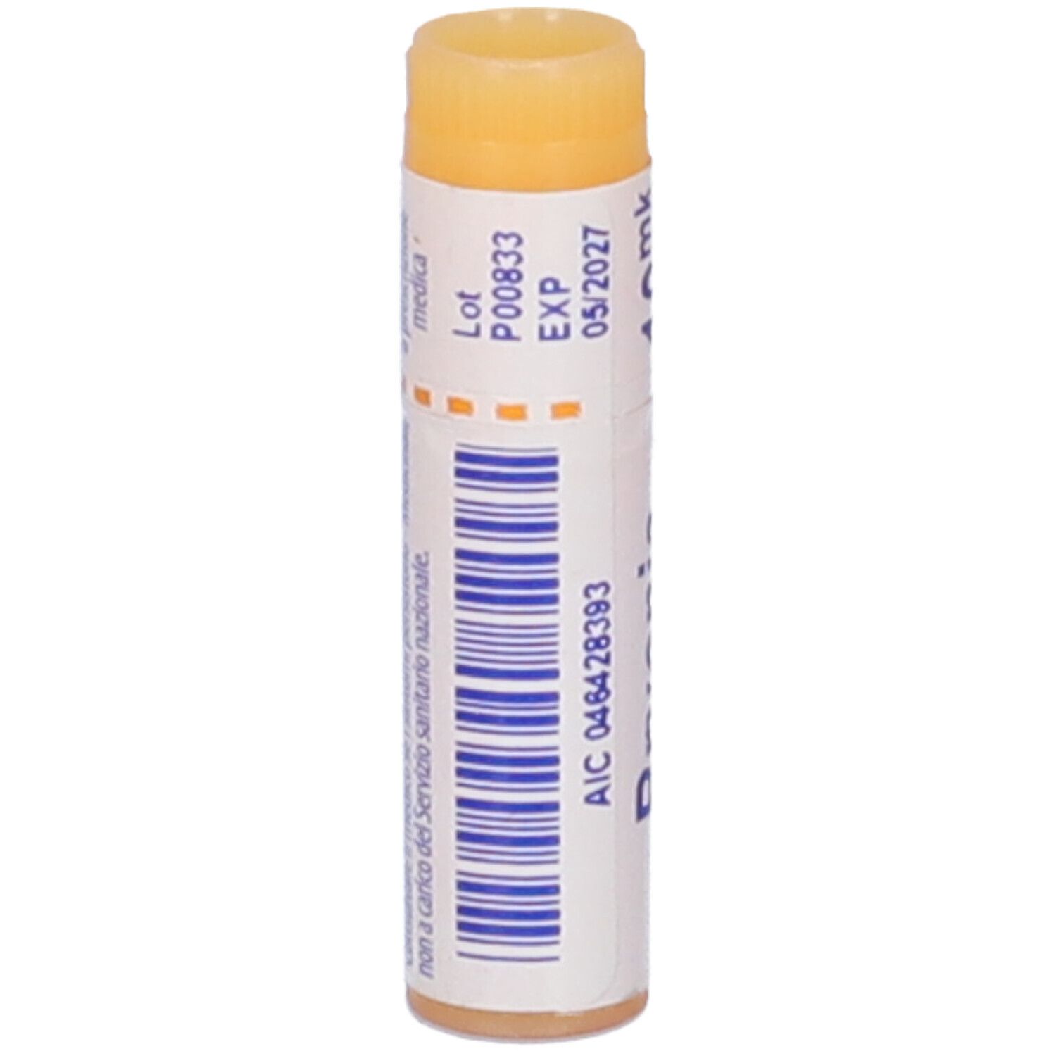 Tubo cilindrico con codice a barre e scritte. Tappo arancione. Testo: AIC, Lot, EXP.