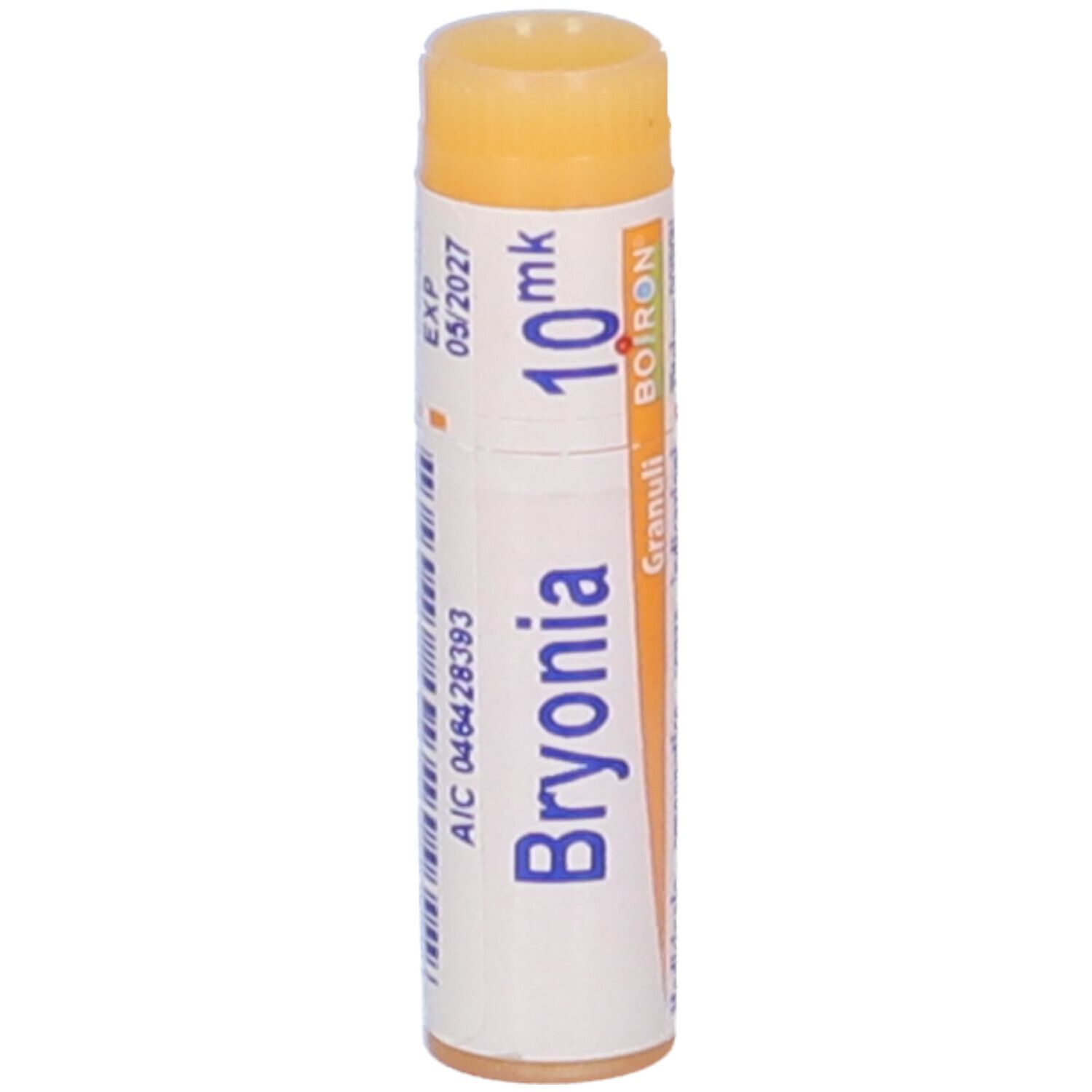 Tubo cilindrico con "Bryonia 10 mk" e logo "BOIRON". Tappo arancione. Scritte: AIC, EXP.