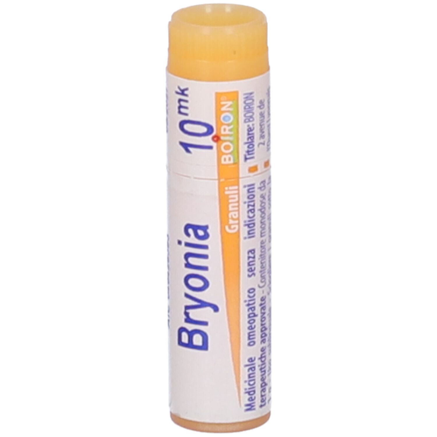 Tubo cilindrico con "Bryonia 10 mk" e logo "BOIRON". Tappo arancione. Testo: Granuli, Indicazioni.