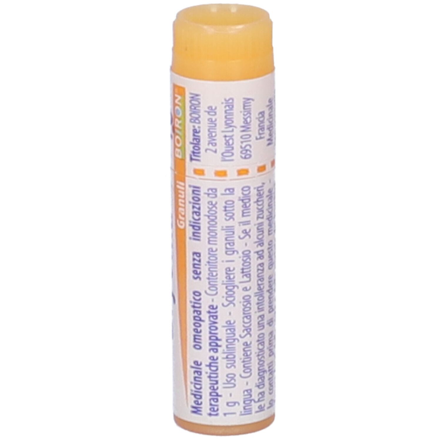 Tubo cilindrico con testo e logo "BOIRON". Tappo arancione. Testo: Informazioni mediche, indirizzo.