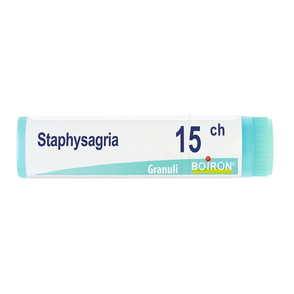 Confezione cilindrica con scritta Staphysagria 15 ch, Granuli e logo Boiron. Design blu e bianco.