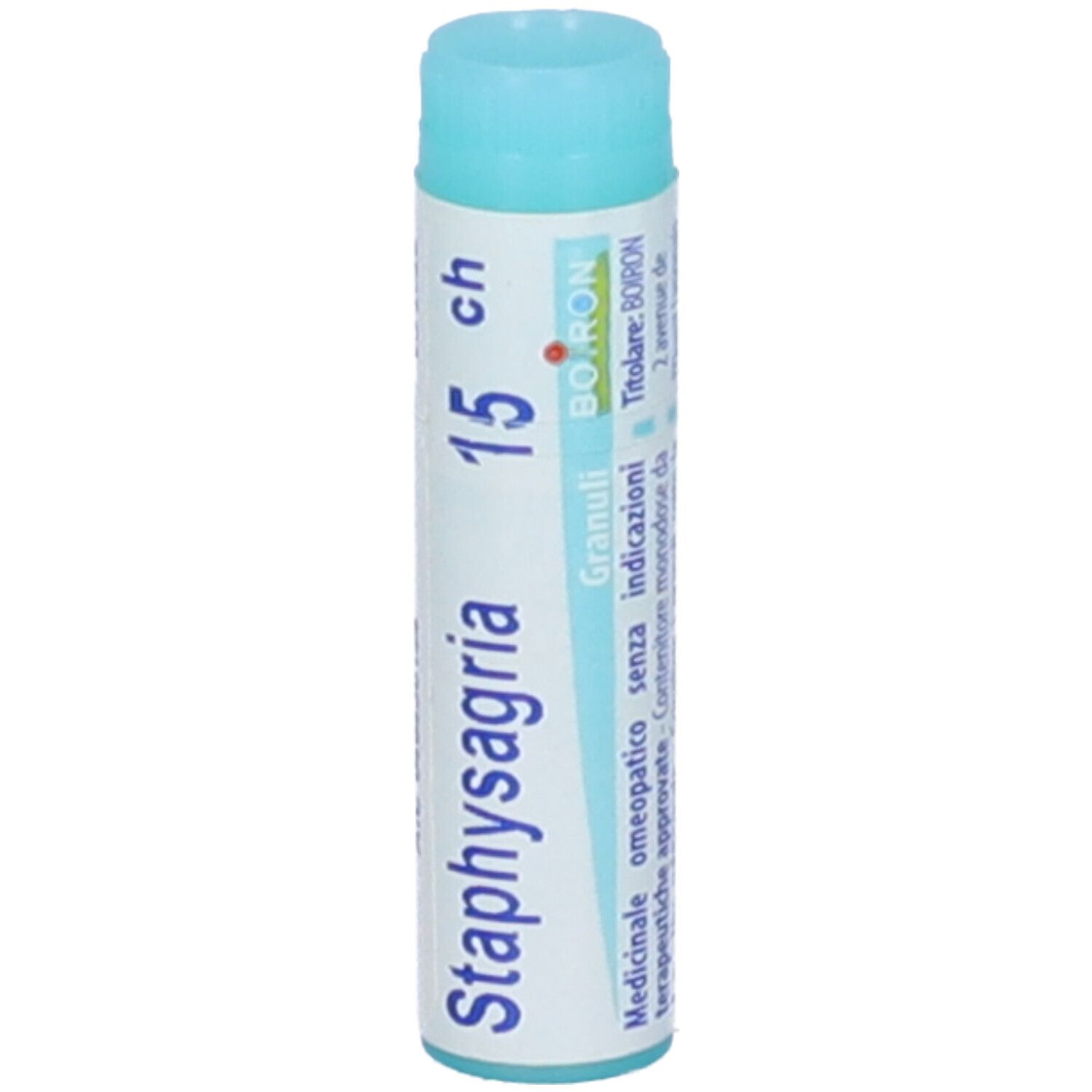 Confezione cilindrica Staphysagria 15 ch, Granuli. Tappo blu. Logo Boiron e altre informazioni.