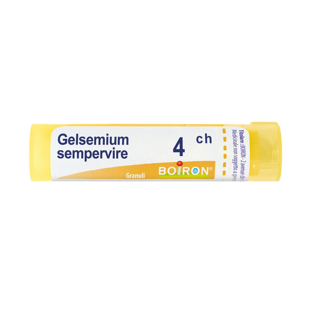 Tubo giallo con etichetta bianca. Scritte: Gelsemium sempervire, 4 ch, BOIRON. Granuli.