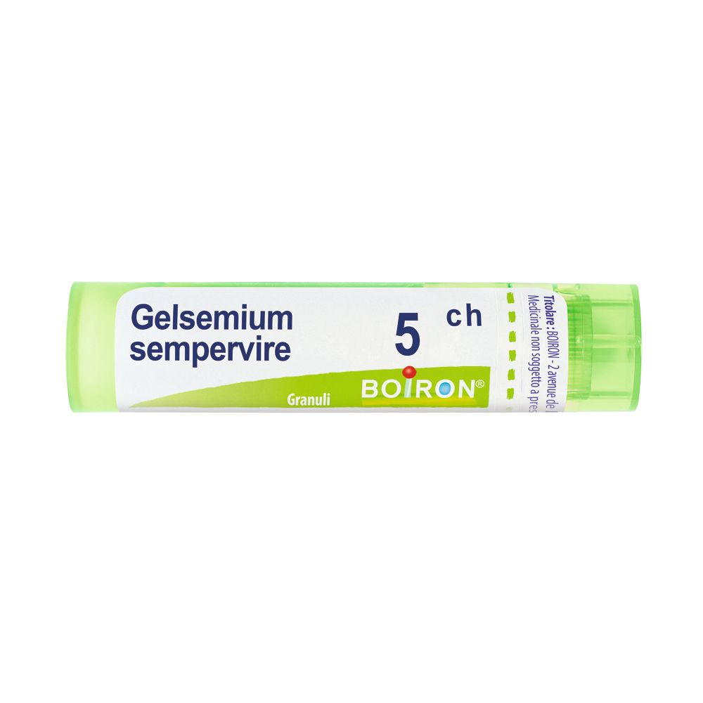 Confezione cilindrica verde con tappo. Scritta: Gelsemium sempervirens 5 ch, BOIRON. Granuli.