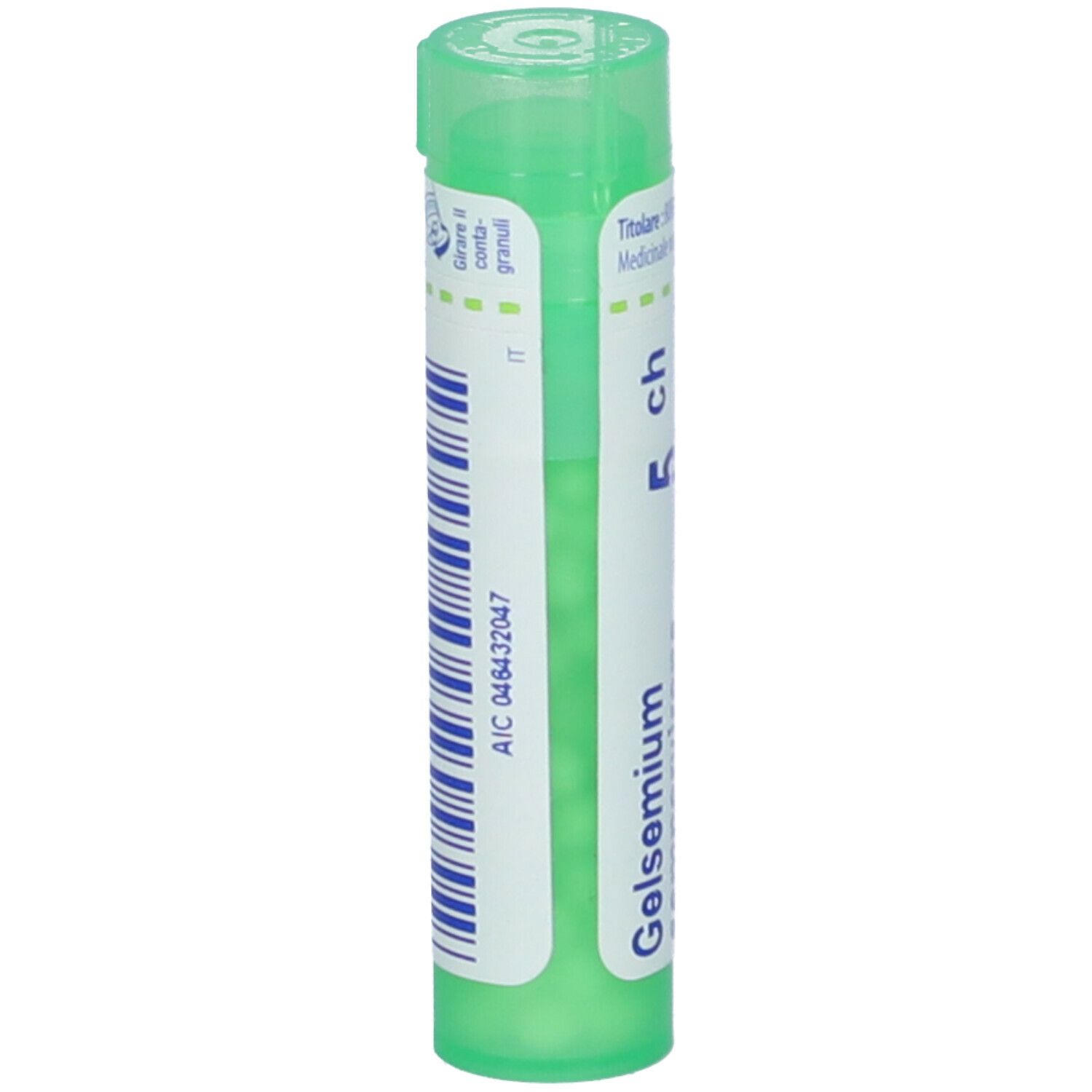 Confezione cilindrica verde. Scritta: Gelsemium. Con etichetta bianca e tappo verde. Contiene granuli.
