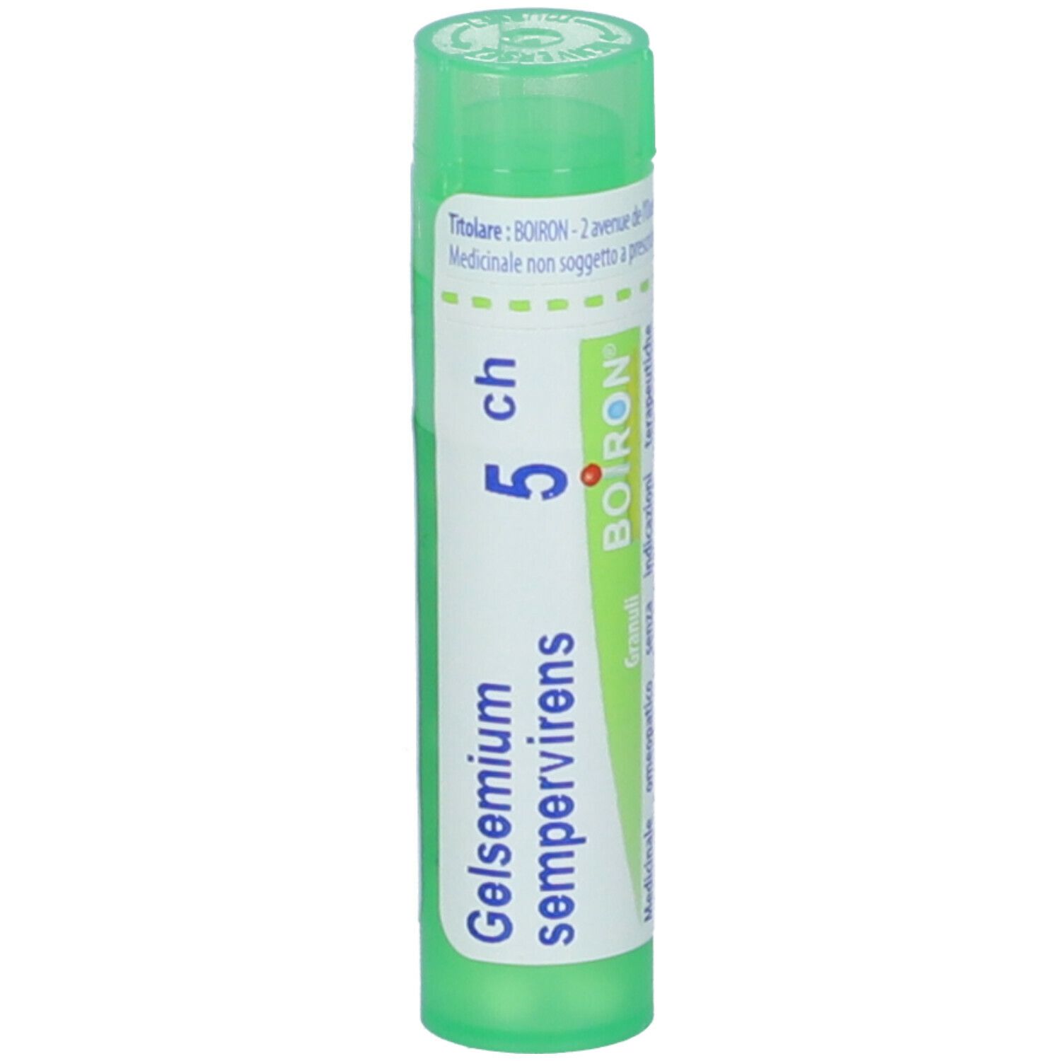 Confezione cilindrica verde. Scritta: Gelsemium. Con etichetta bianca e tappo verde. Contiene granuli.