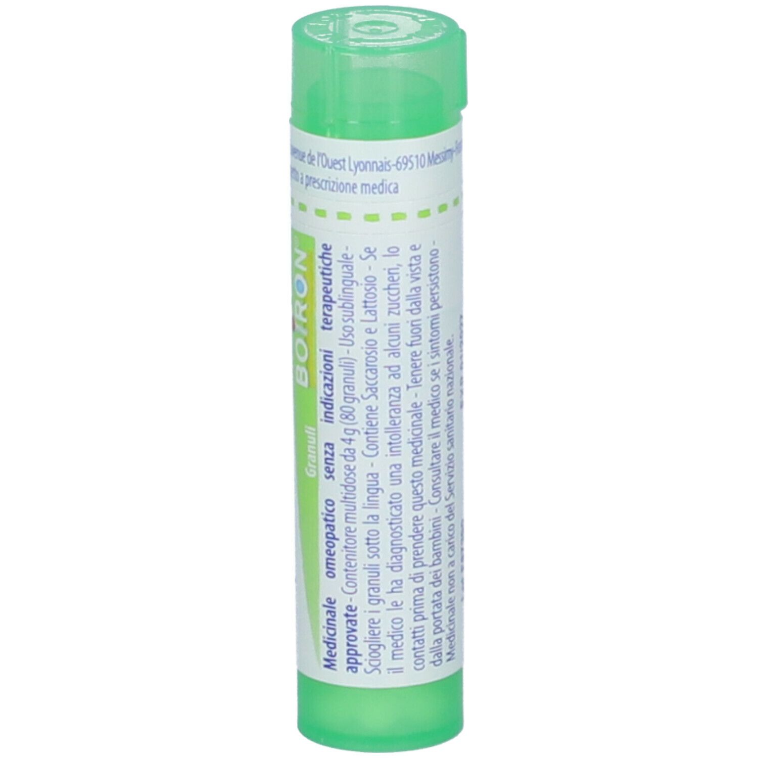 Confezione cilindrica verde. Scritta: BOIRON, Granuli. Con tappo verde. Contiene informazioni.