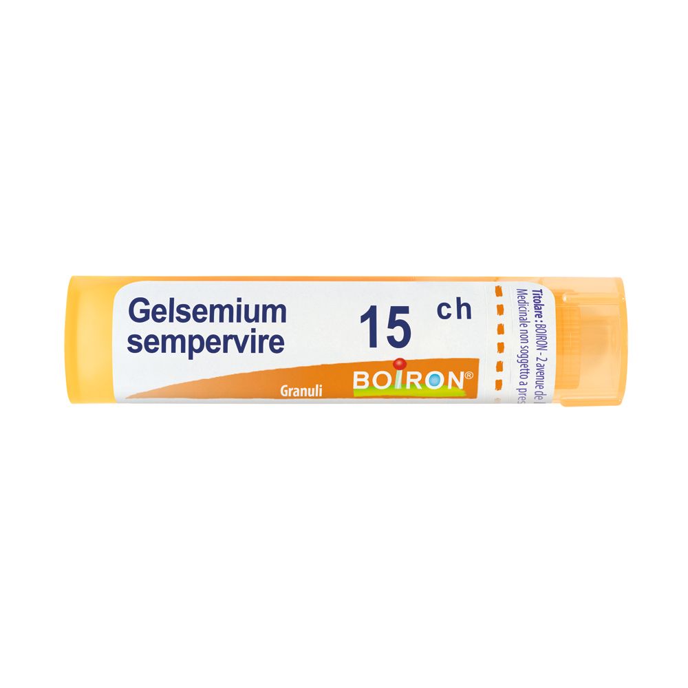 Confezione cilindrica gialla con etichetta bianca. Scritta: Gelsemium sempervirens 15 ch, BOIRON, Granuli.