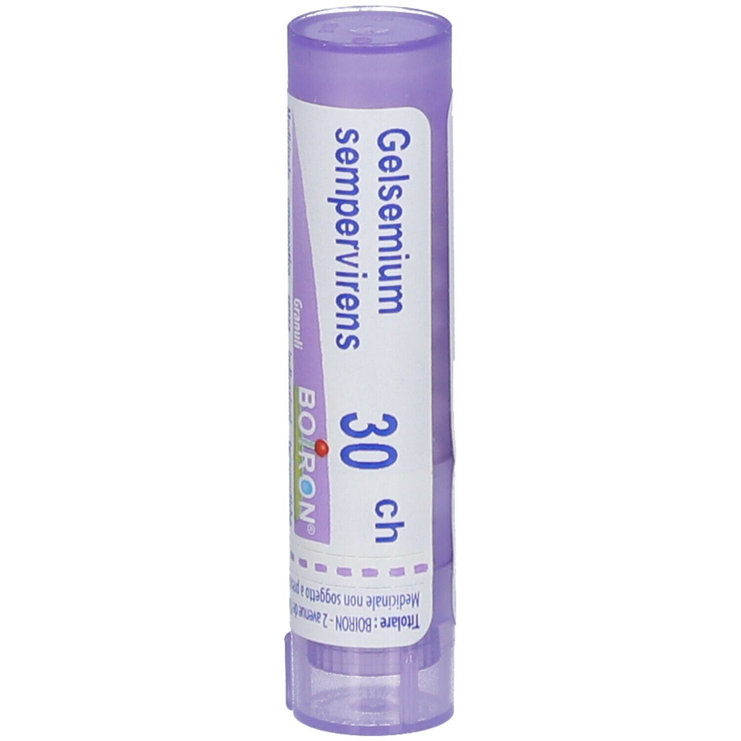 Confezione cilindrica con tappo viola. Scritta: Gelsemium sempervirens 30 ch, BOIRON, Granuli.