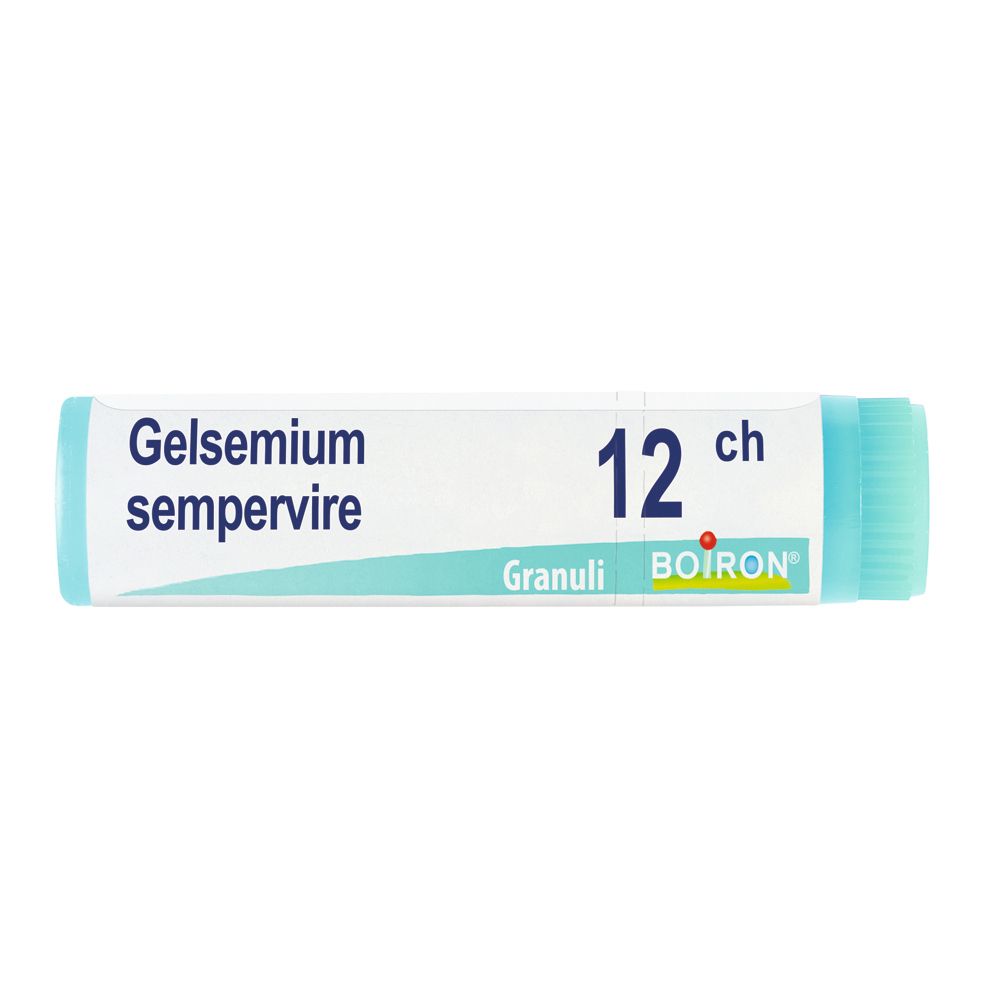 Confezione cilindrica di Gelsemium sempervirens 12 ch Granuli Boiron. Design turchese e bianco.