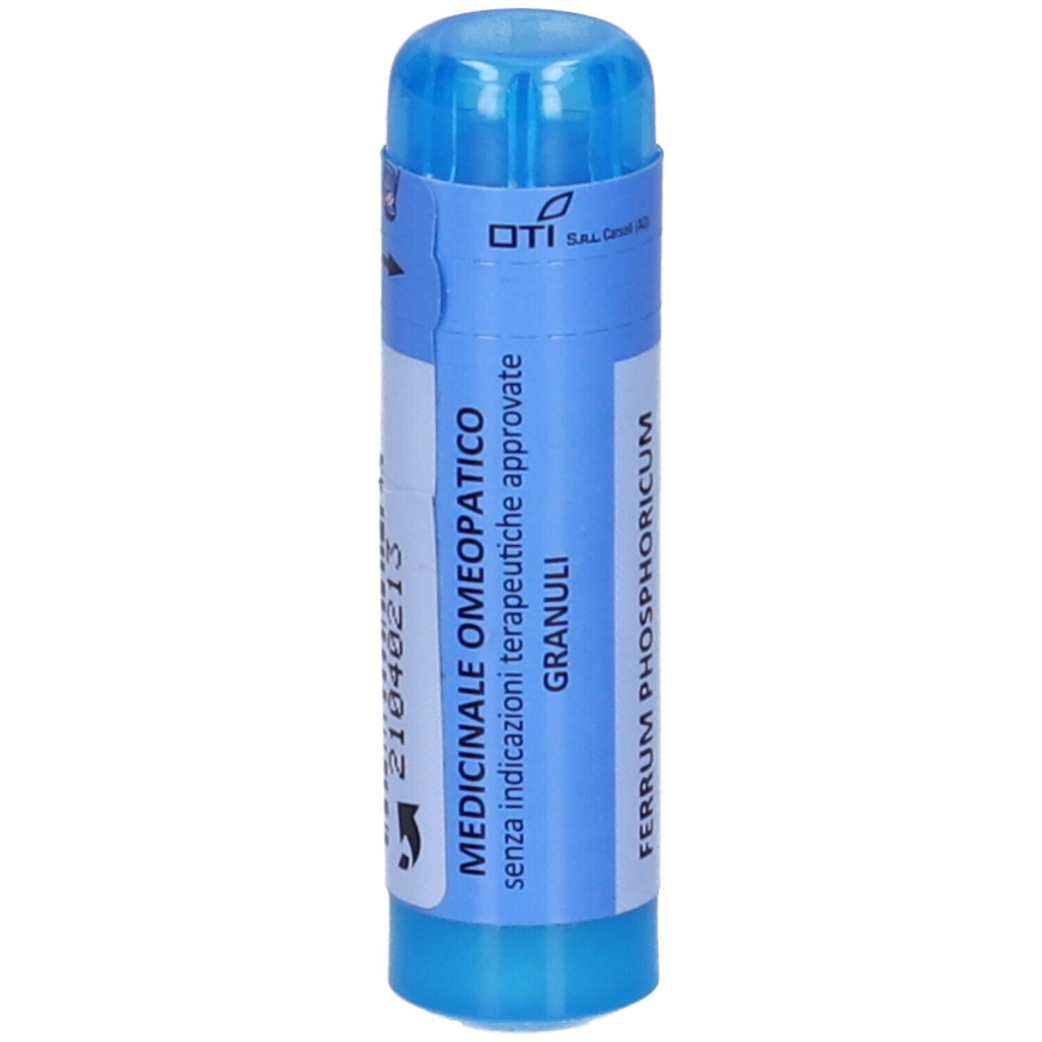 Confezione cilindrica blu e bianca. Testo: MEDICINALE OMEOPATICO GRANULI. FERRUM PHOSPHORICUM. Numero di lotto.