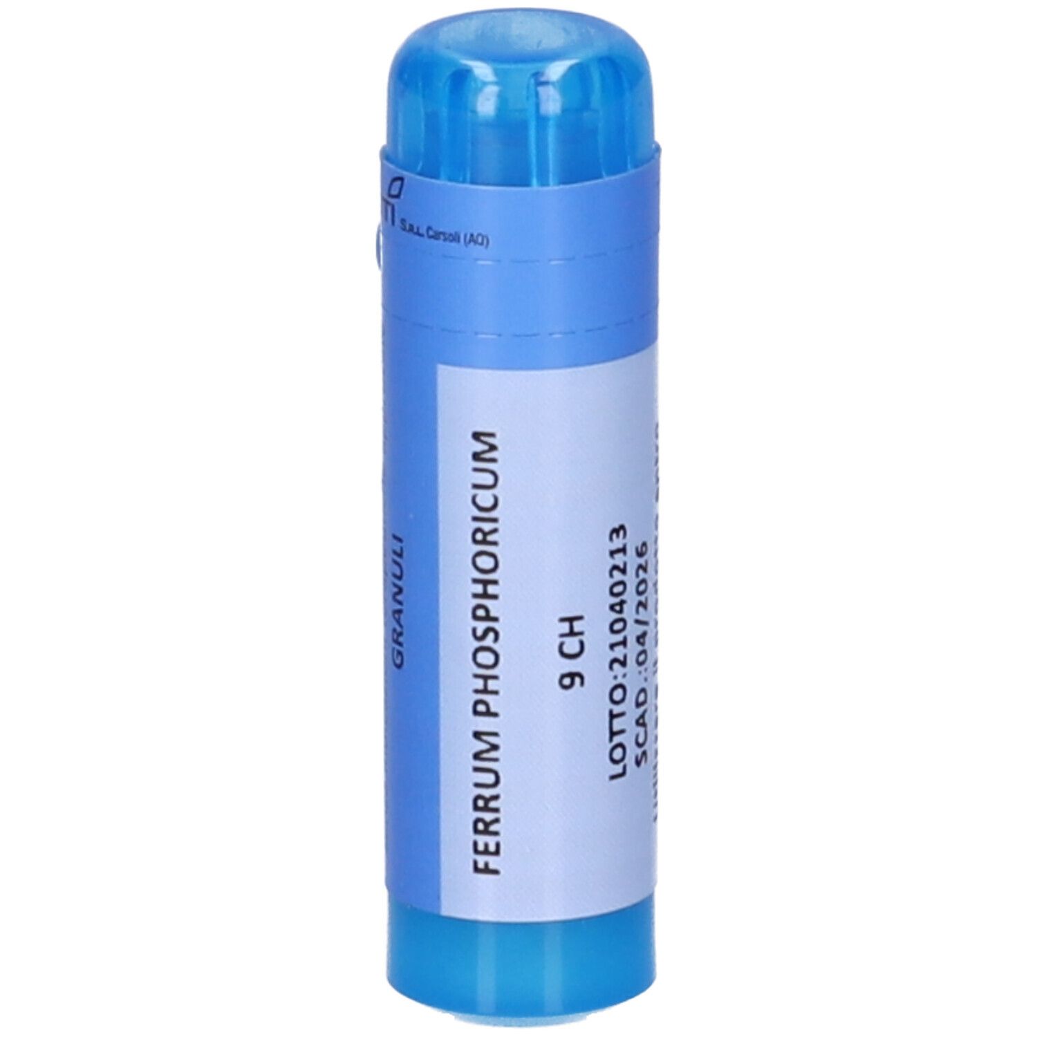 Confezione cilindrica blu e bianca. Testo: FERRUM PHOSPHORICUM 9 CH. Numero di lotto e scadenza.