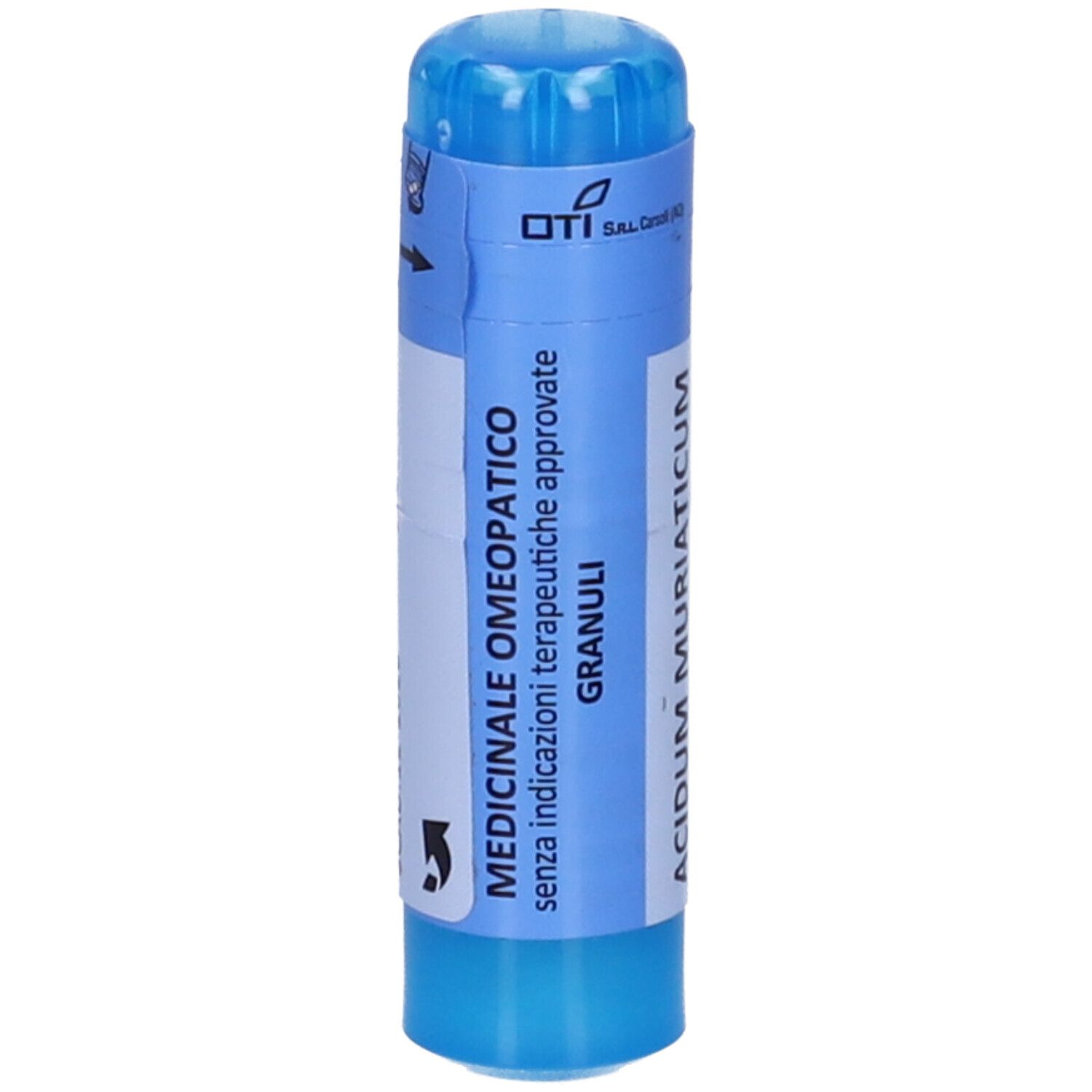 Confezione cilindrica blu e bianca. Logo OTI. Scritta: Medicinale Omeopatico, Granuli, Acidum Muriaticum.