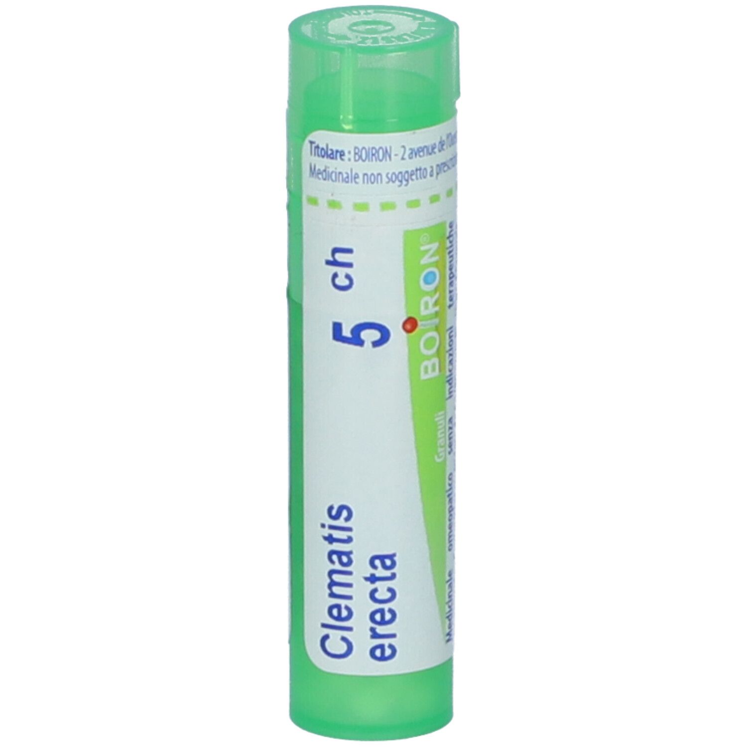 Contenitore cilindrico verde. Scritta: Clematis erecta, 5 ch, BOIRON. Etichetta con informazioni prodotto.