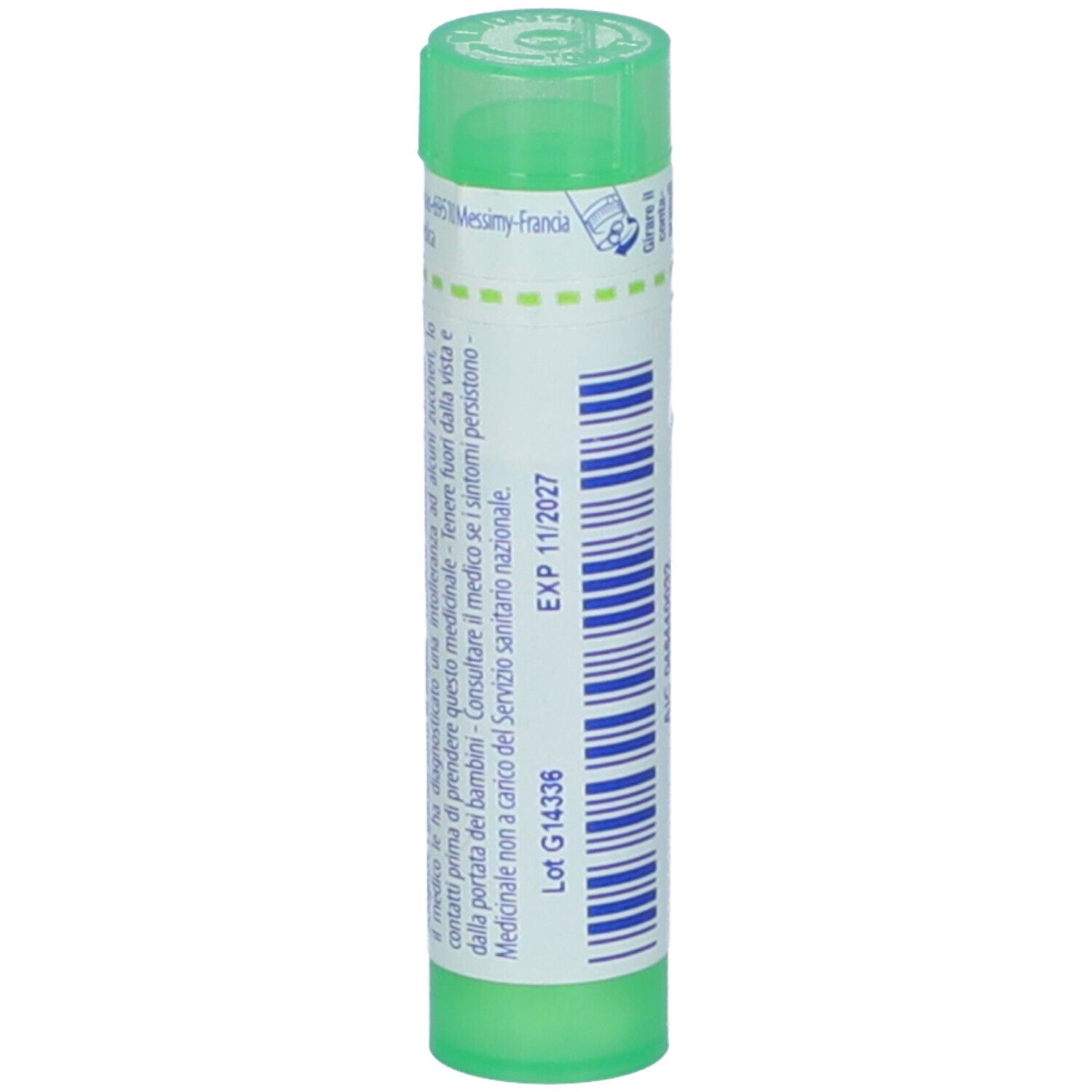 Contenitore cilindrico verde. Scritta: EXP 11/2027. Etichetta con informazioni prodotto e numero di lotto.