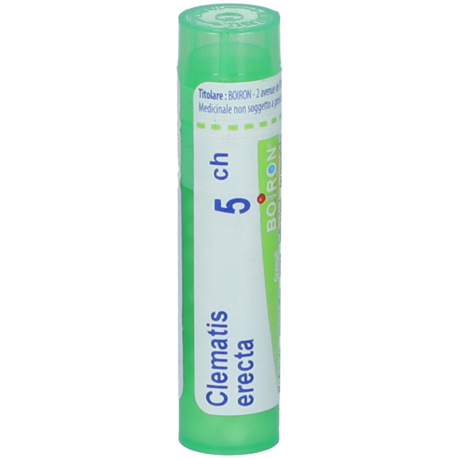 Contenitore cilindrico verde. Scritta: Clematis erecta, 5 ch, BOIRON. Etichetta con informazioni prodotto.