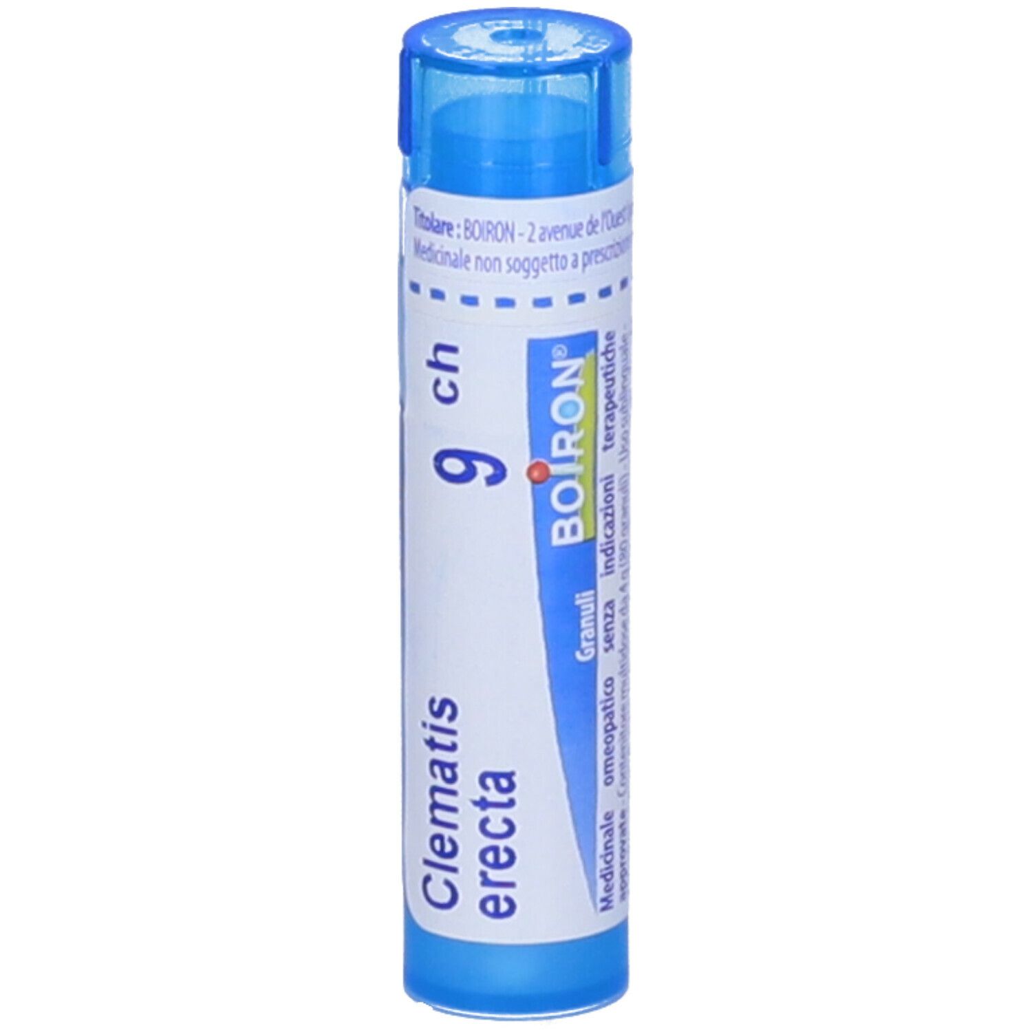 Tubo blu cilindrico con etichetta bianca. Scritta: Clematis erecta, 9 ch, BOIRON. Granuli. Tappo blu.