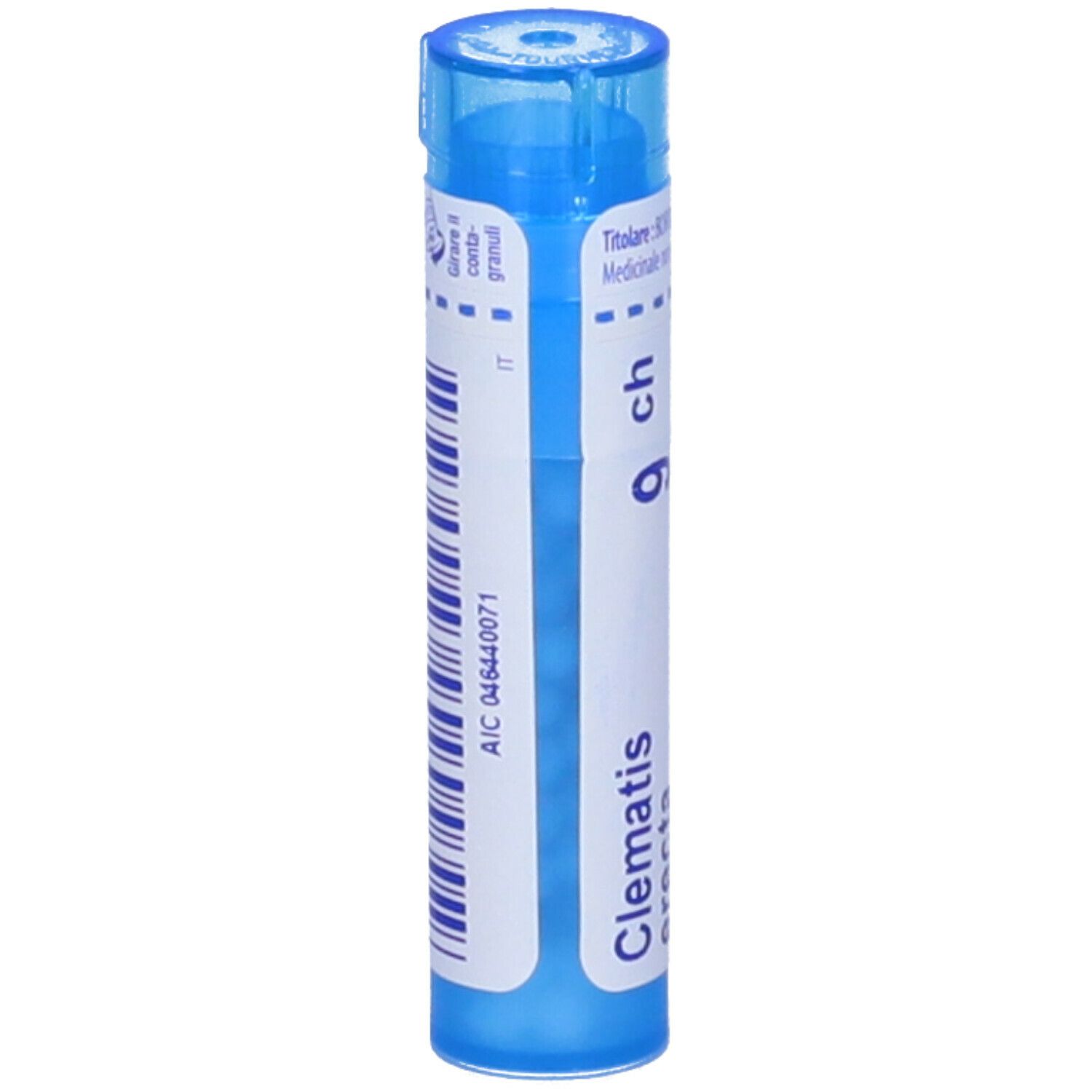 Tubo blu cilindrico con etichetta bianca. Scritta: Clematis erecta, 9 ch, BOIRON. Granuli. Codice a barre.