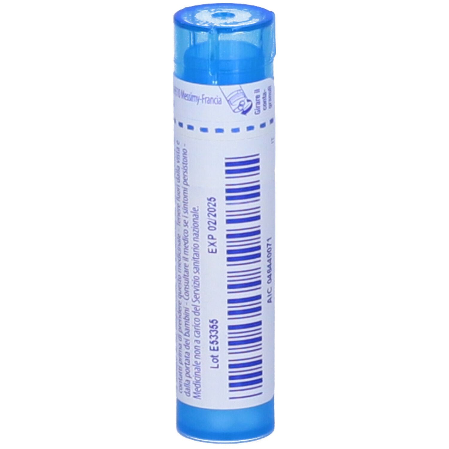 Tubo blu cilindrico con etichetta bianca. Scritta: Clematis erecta, 9 ch, BOIRON. Granuli. Scadenza.