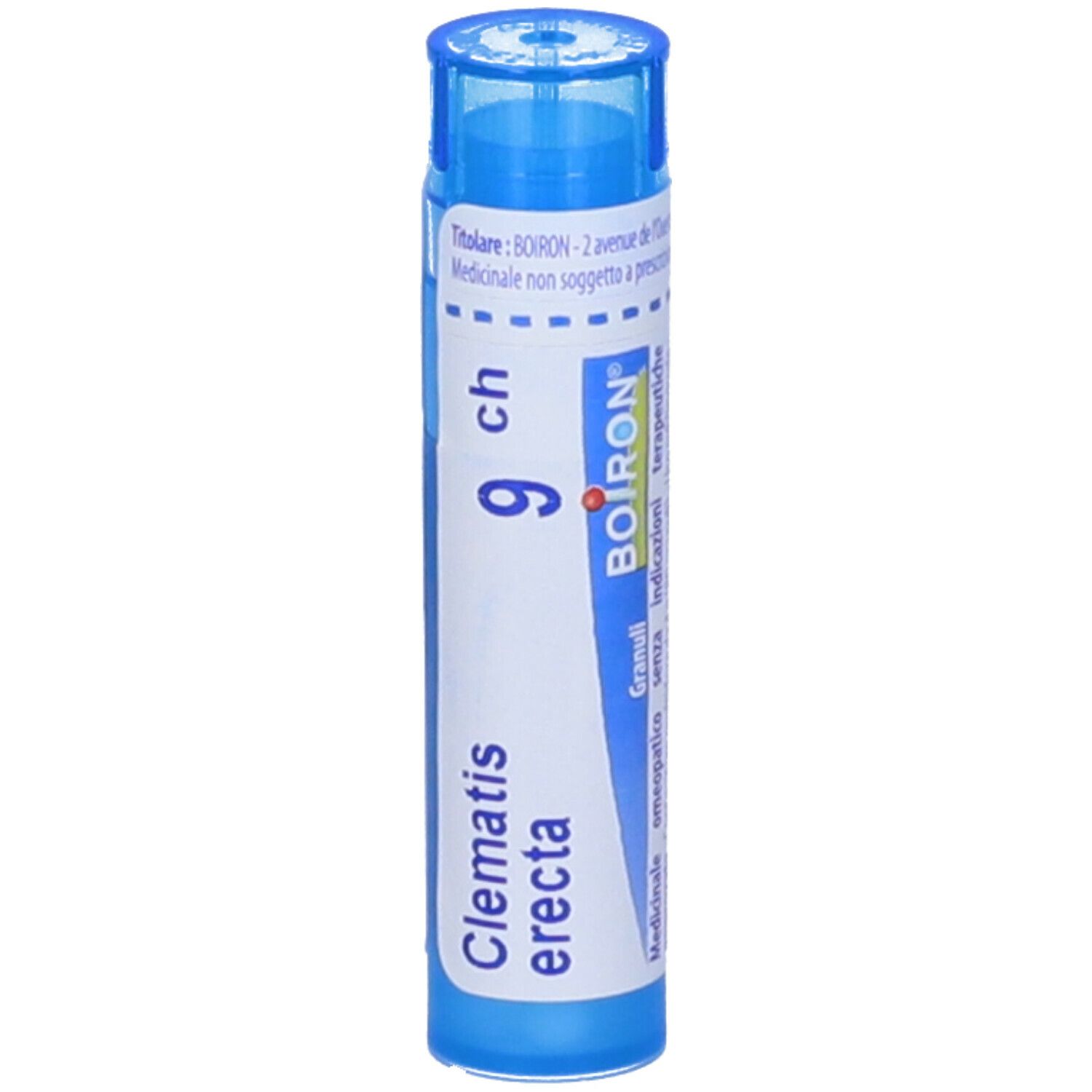 Tubo blu cilindrico con etichetta bianca. Scritta: Clematis erecta, 9 ch, BOIRON. Granuli. Numero di lotto.