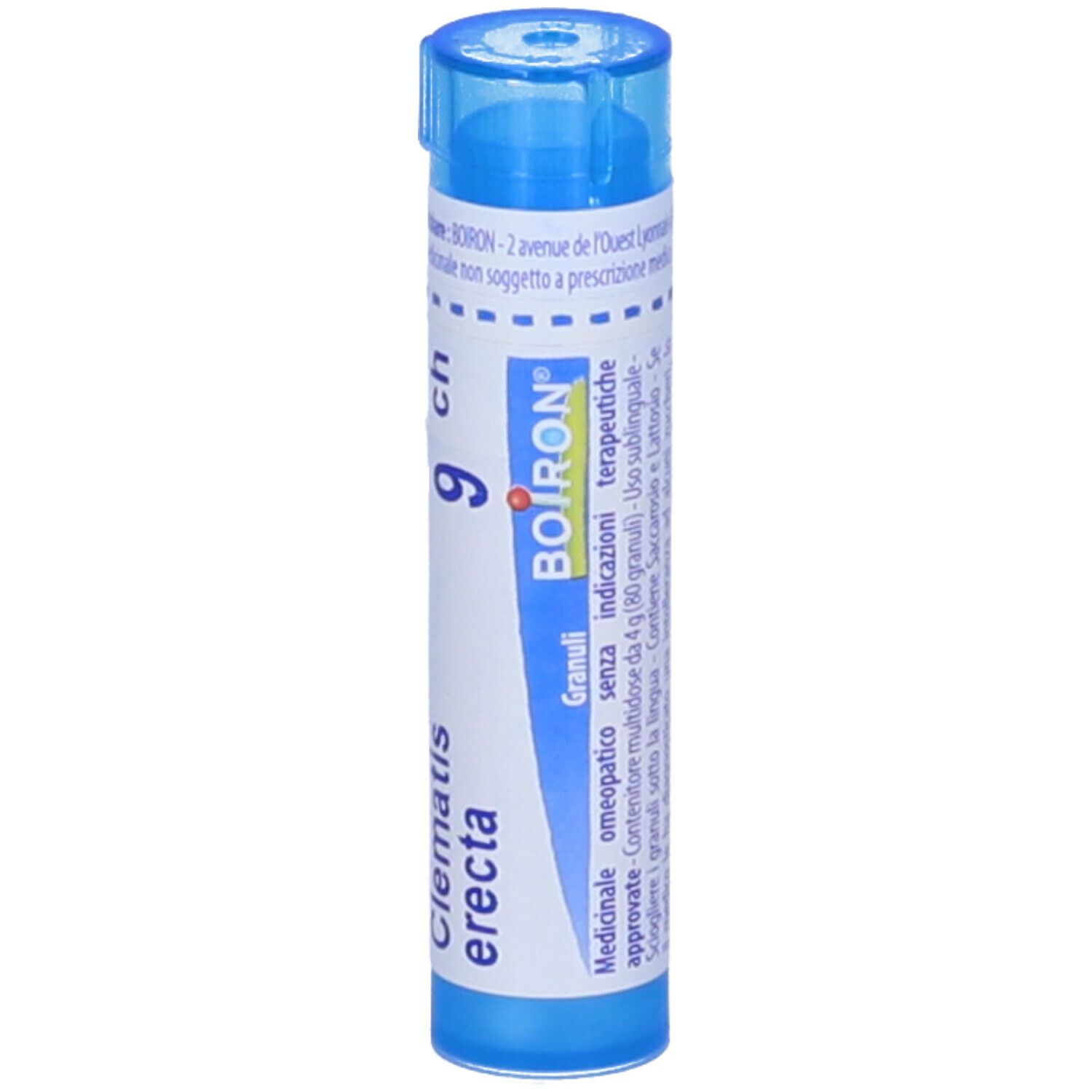 Tubo blu cilindrico con etichetta bianca. Scritta: Clematis erecta, 9 ch, BOIRON. Granuli. Dettagli.