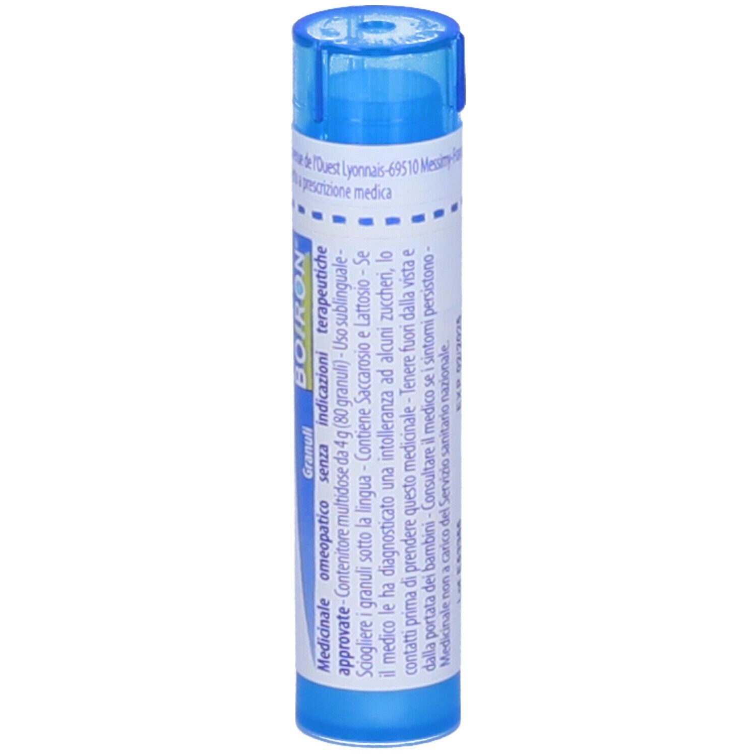 Tubo blu cilindrico con etichetta bianca. Scritta: Clematis erecta, 9 ch, BOIRON. Granuli. Informazioni aggiuntive.