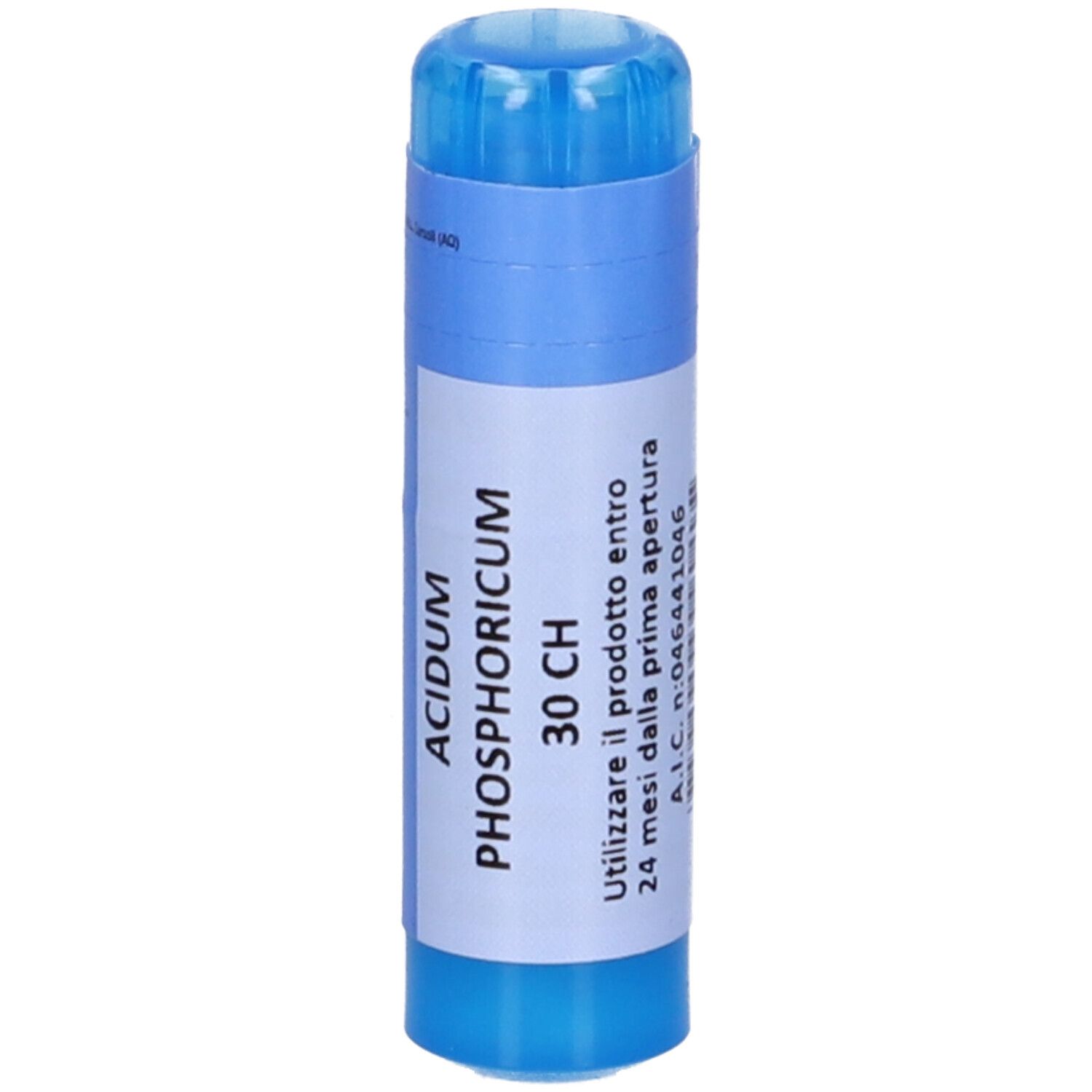 Confezione cilindrica blu e bianca. Scritta: Acidum Phosphoricum 30 CH. Istruzioni per l'uso.