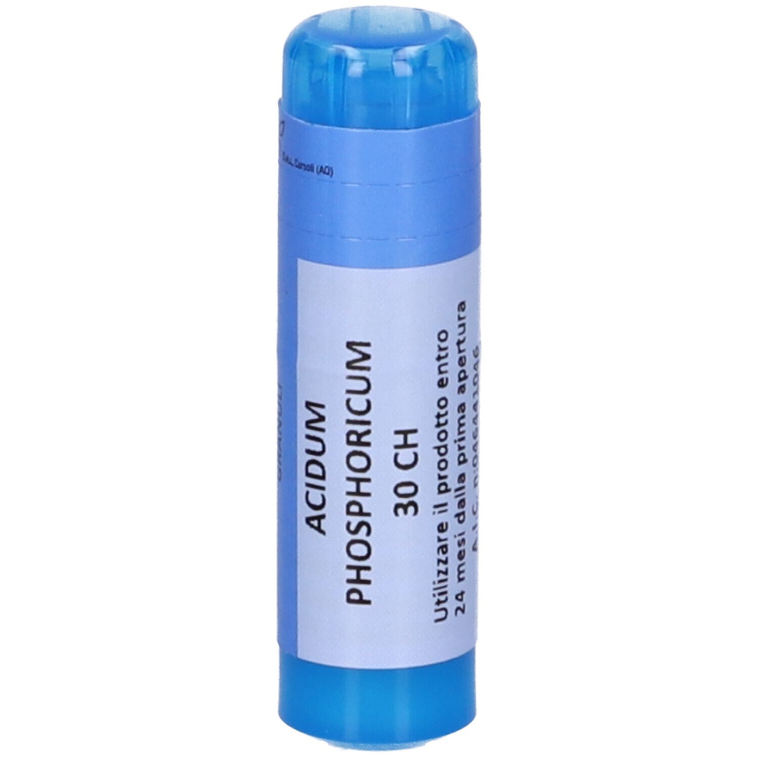 Confezione cilindrica blu e bianca. Scritta: Acidum Phosphoricum 30 CH. Istruzioni per l'uso.