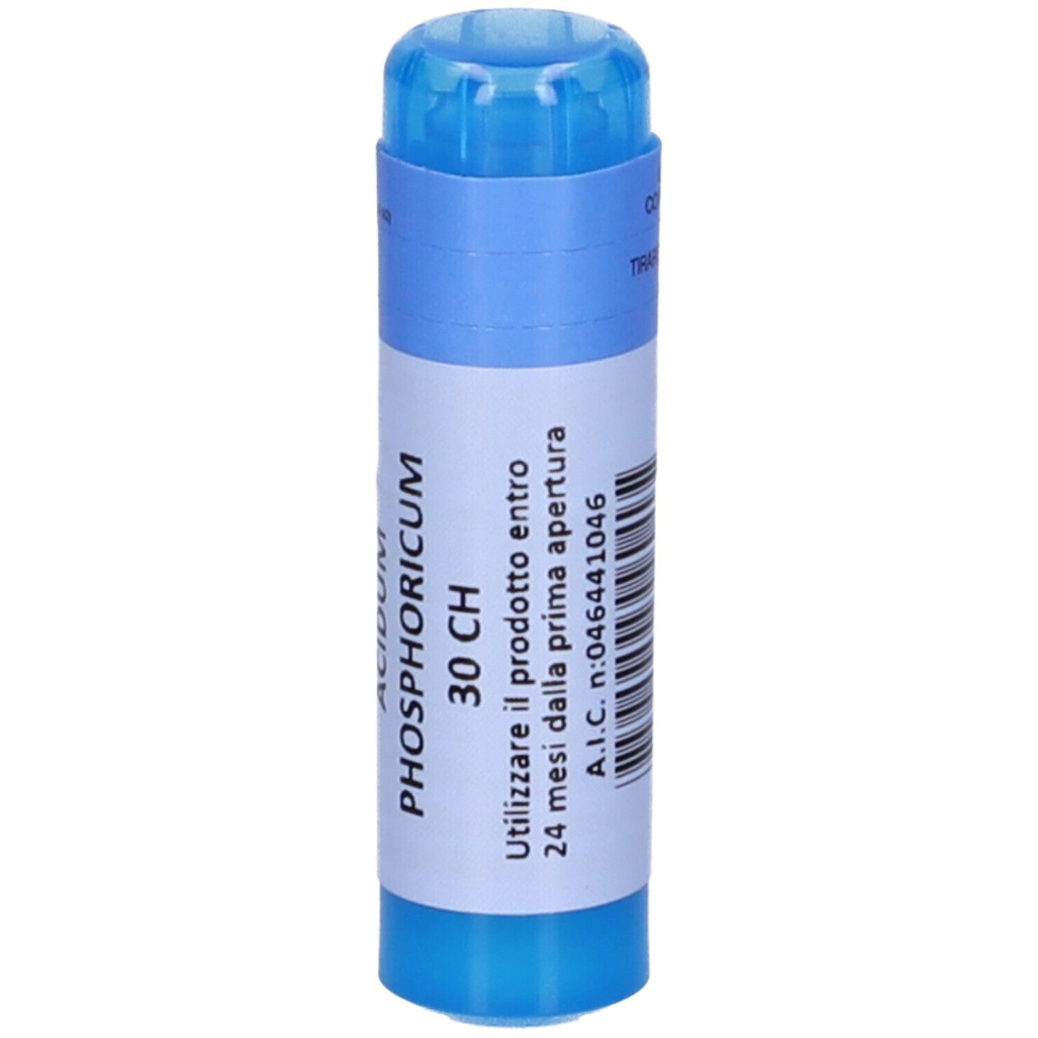 Confezione cilindrica blu e bianca. Scritta: Acidum Phosphoricum 30 CH. Istruzioni per l'uso.