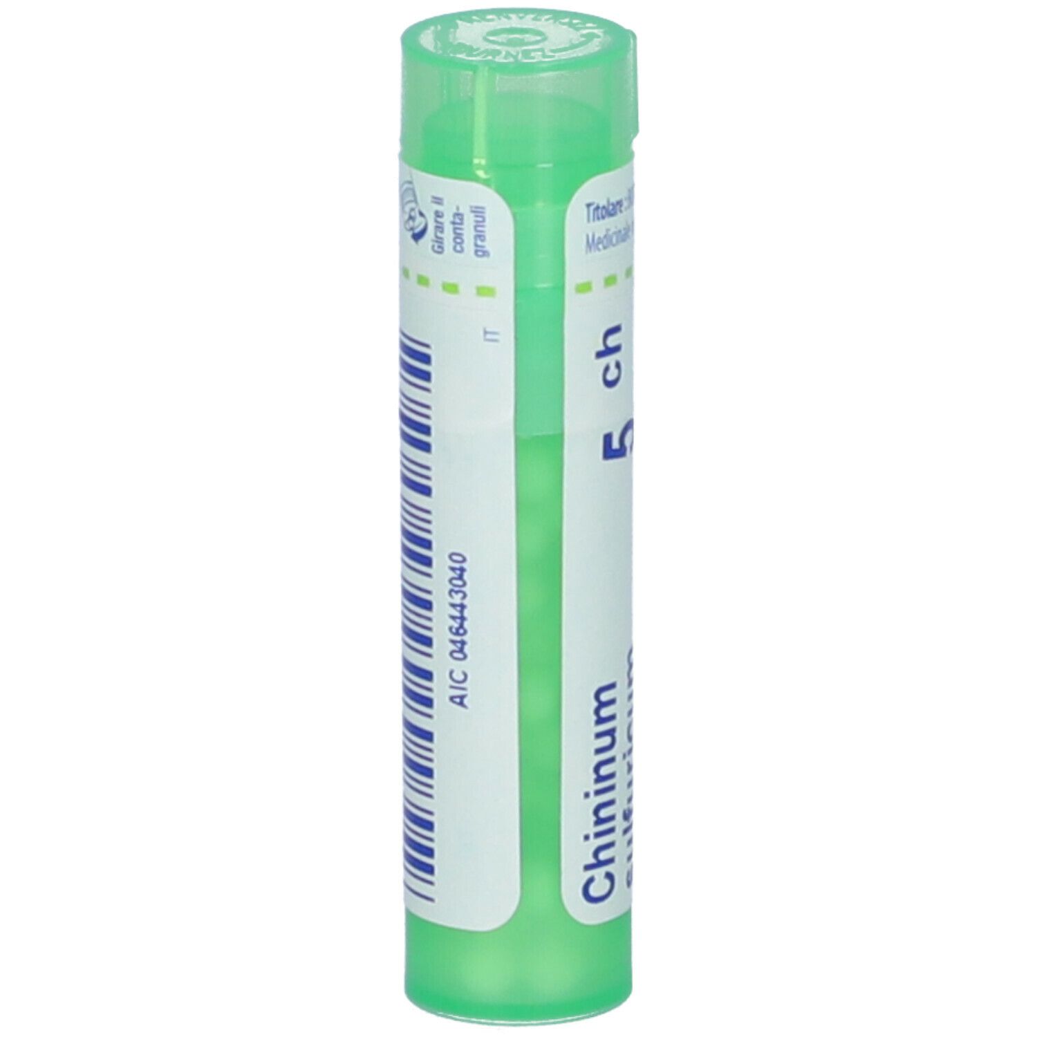 Confezione cilindrica verde con etichetta bianca e codice a barre. Scritta: Chininum sulfuricum 5 ch.