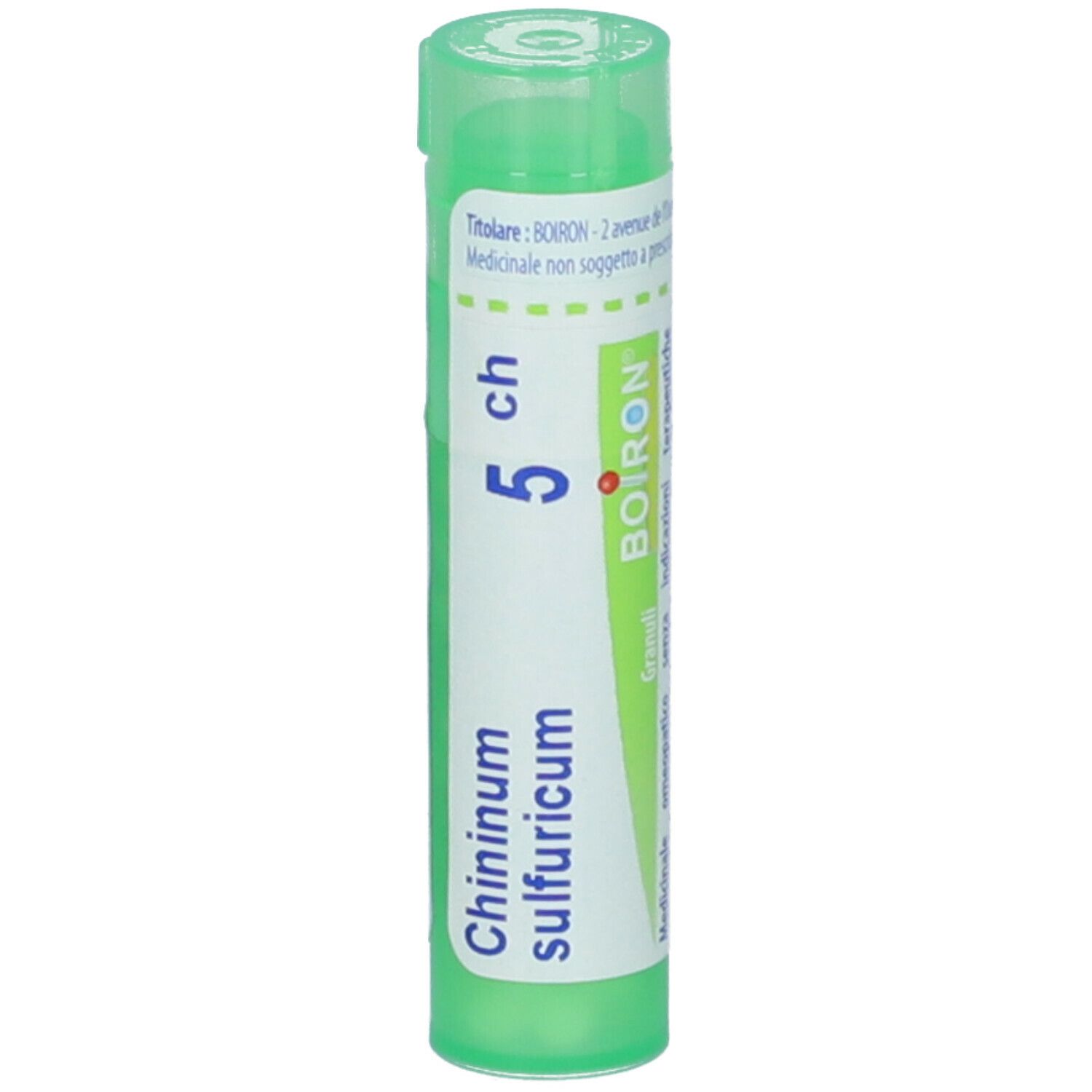 Confezione cilindrica verde con etichetta bianca. Scritta: Chininum sulfuricum 5 ch, Granuli, Boiron.