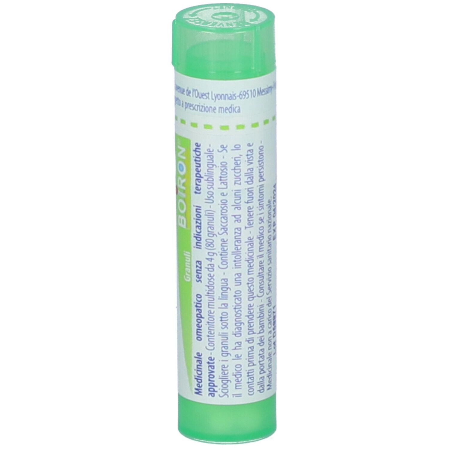 Confezione cilindrica verde con etichetta bianca. Scritta: Chininum sulfuricum, Granuli, Boiron.
