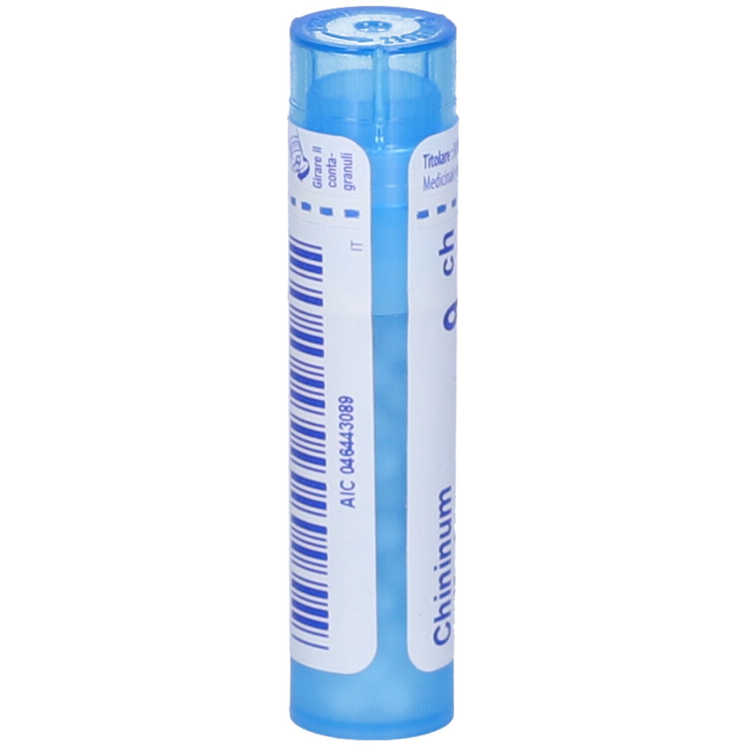 Tubo blu con etichetta bianca e codice a barre. Scritta: Chininum sulfuricum 9 ch. Tappo blu. Orientamento verticale.