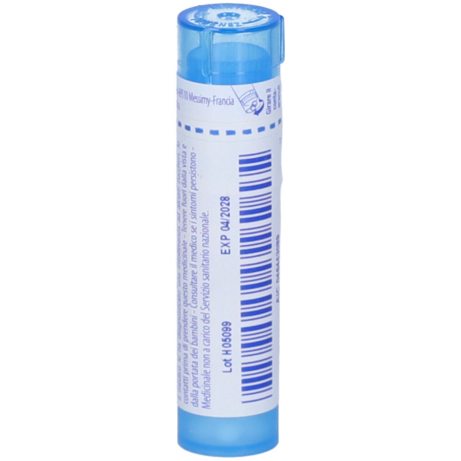 Tubo blu con etichetta bianca. Scritta: Chininum sulfuricum 9 ch. Tappo blu. Data di scadenza stampata.