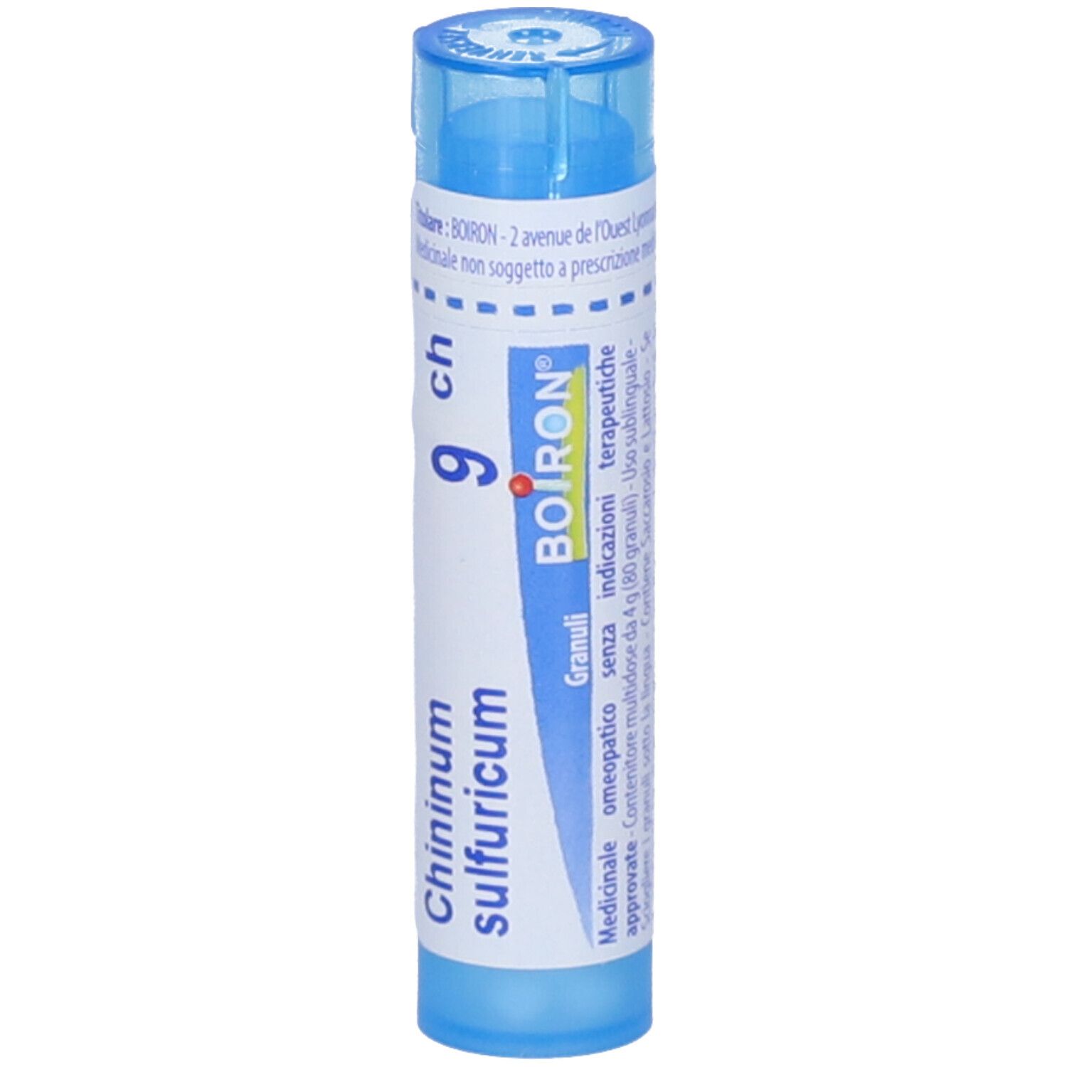 Tubo blu con etichetta bianca. Scritta: Chininum sulfuricum 9 ch, BOIRON. Tappo blu. Informazioni aggiuntive.