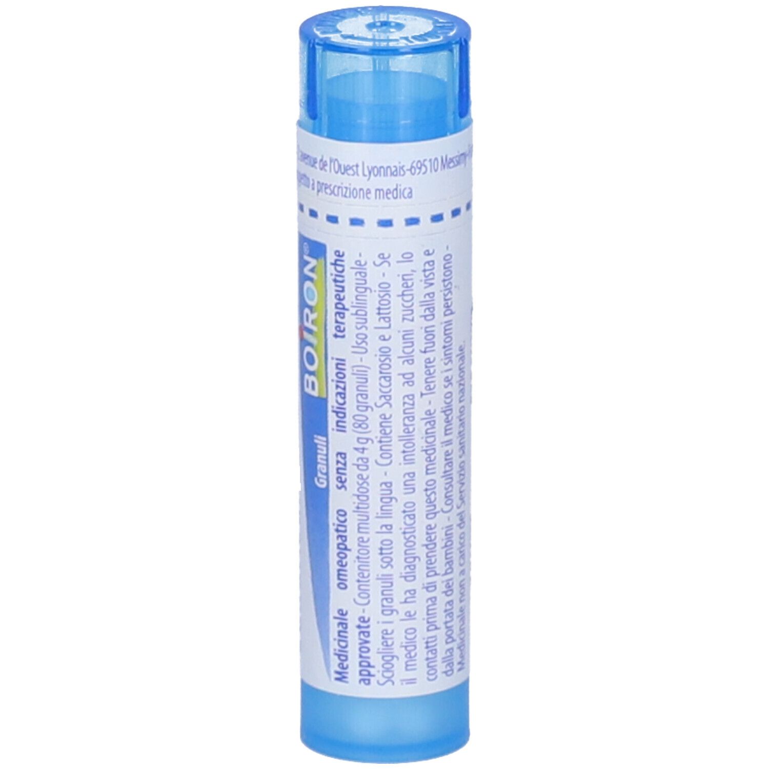 Tubo blu con etichetta bianca. Scritta: Chininum sulfuricum 9 ch, BOIRON. Tappo blu. Informazioni aggiuntive.