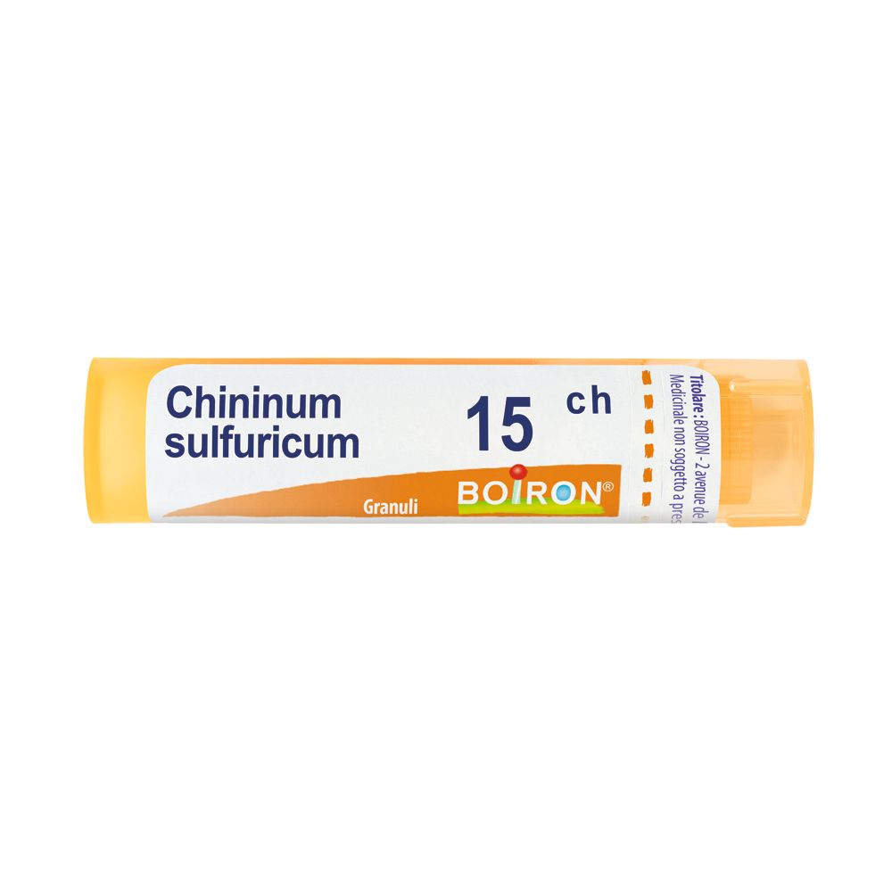 Confezione cilindrica gialla con etichetta bianca. Scritta: Chininum sulfuricum 15 ch, BOIRON, Granuli.