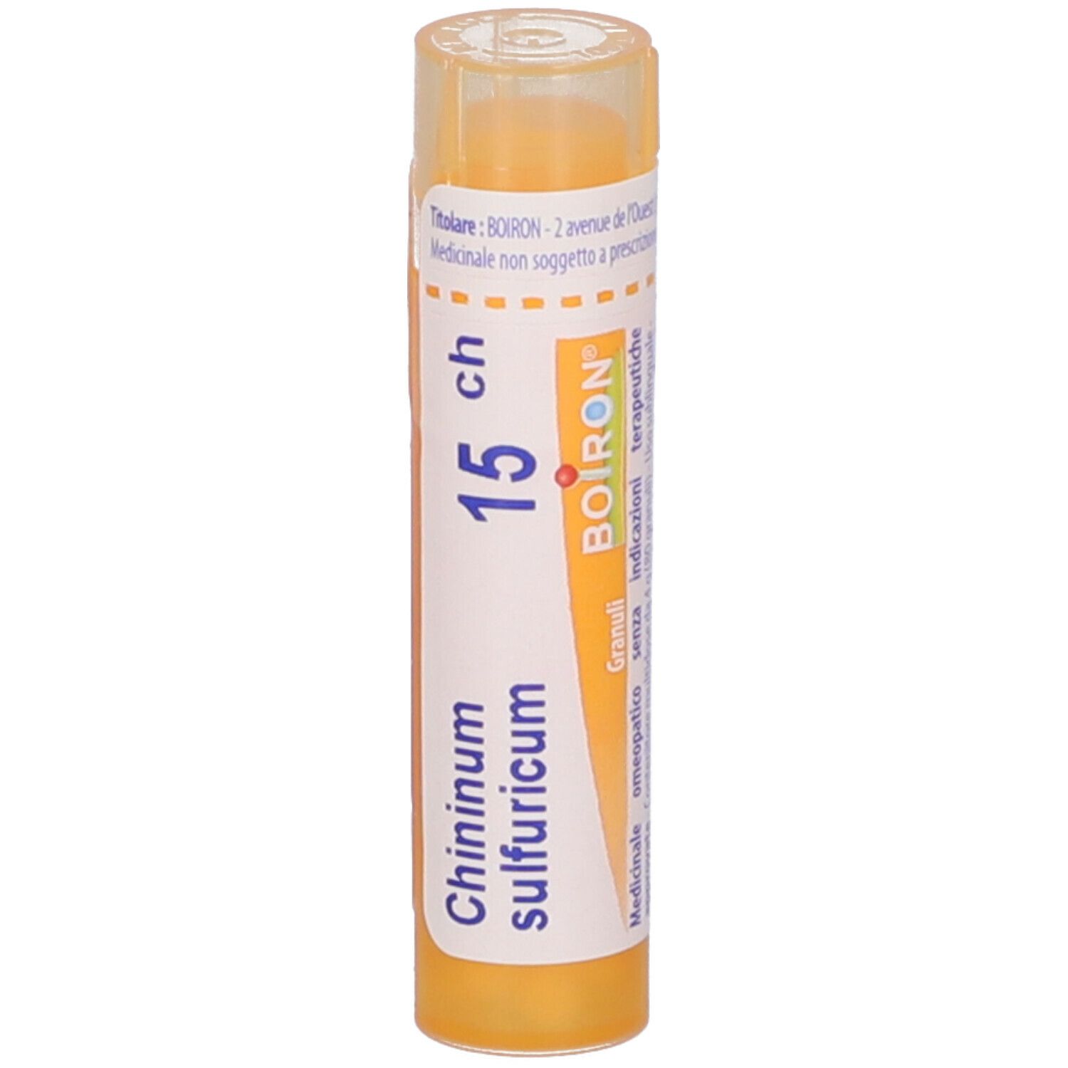 Confezione cilindrica gialla con etichetta bianca. Scritta: Chininum sulfuricum 15 ch, BOIRON, Granuli.