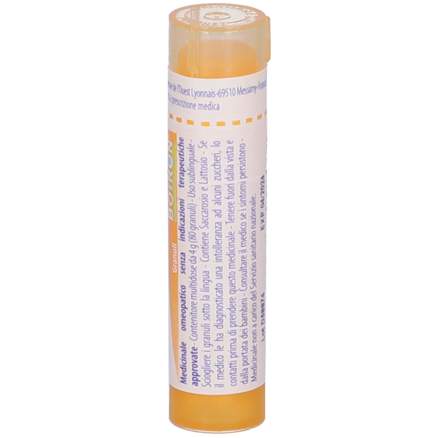 Confezione cilindrica gialla con etichetta bianca. Scritta: Chininum sulfuricum 15 ch, BOIRON, Granuli.