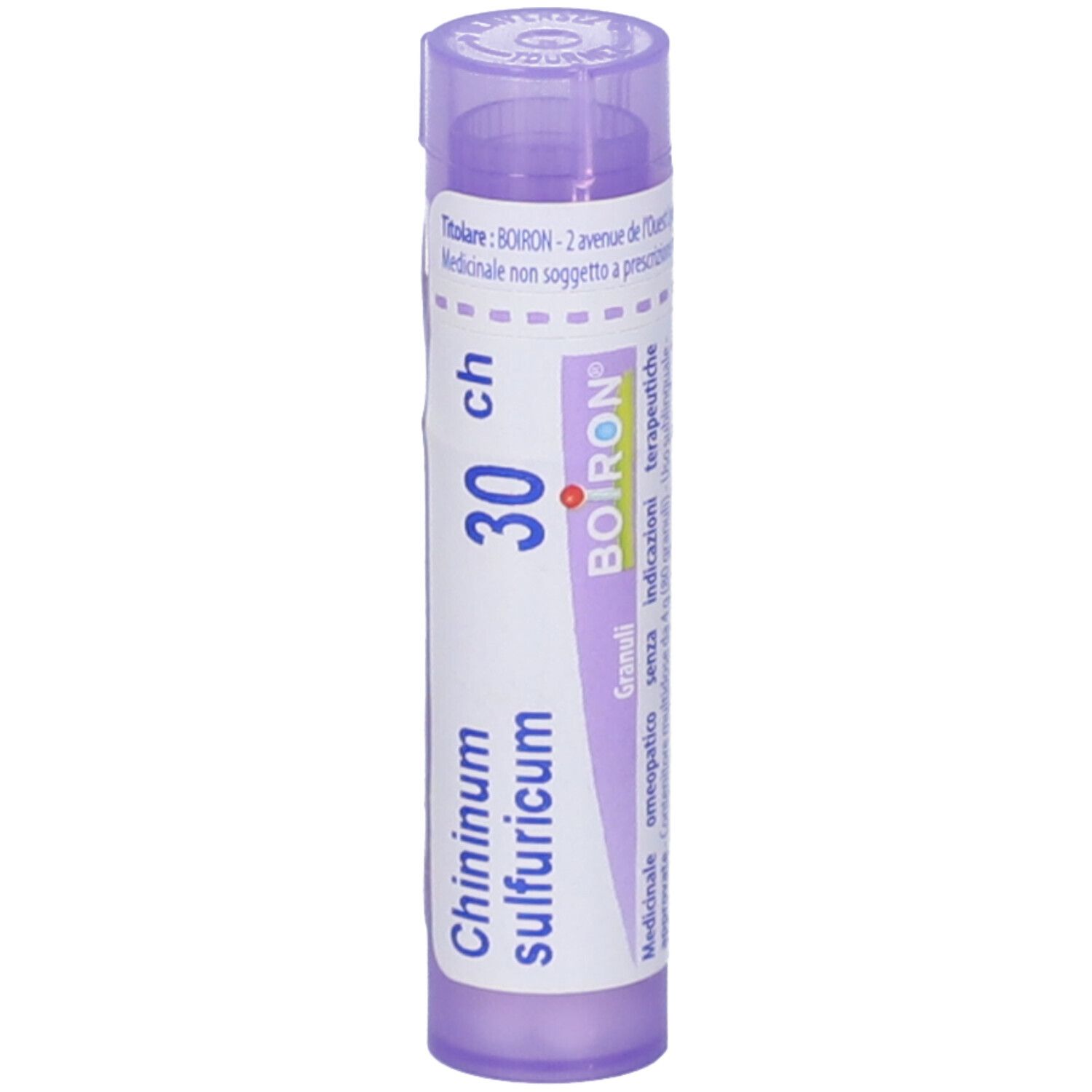 Confezione cilindrica viola con testo bianco. Contiene Chininum sulfuricum 30 ch Granuli di Boiron.