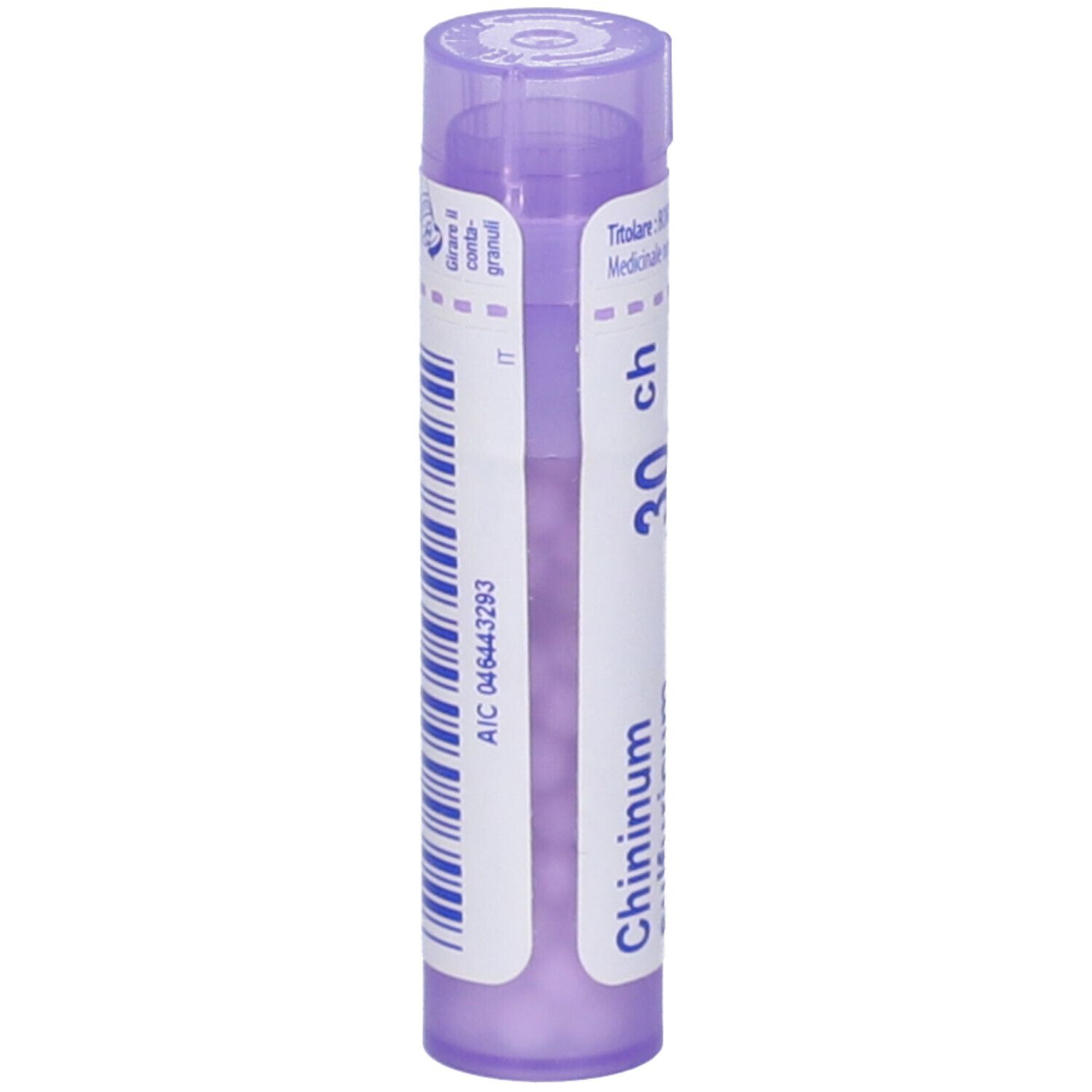 Confezione cilindrica viola con testo bianco. Contiene Chininum sulfuricum 30 ch Granuli di Boiron.