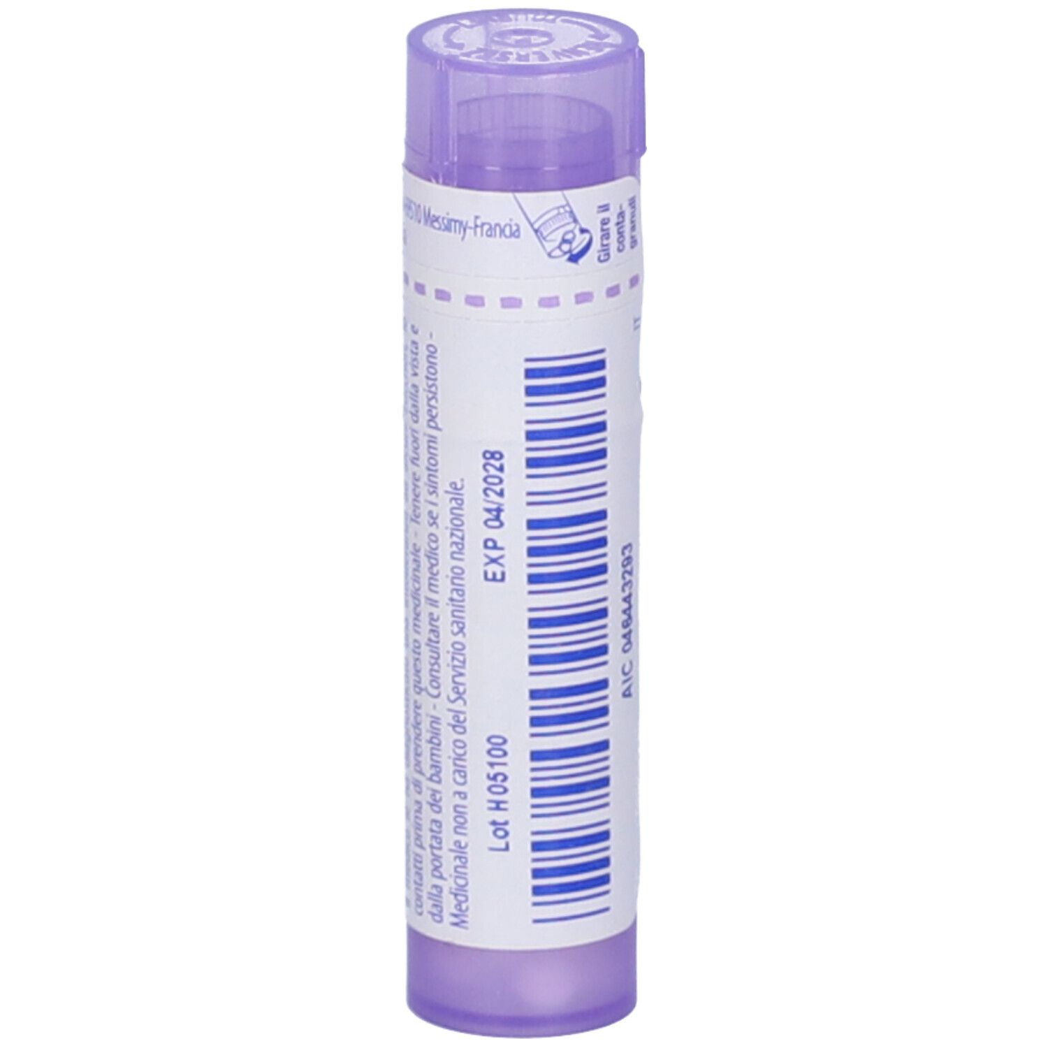 Confezione cilindrica viola con testo bianco. Contiene Chininum sulfuricum 30 ch Granuli di Boiron.