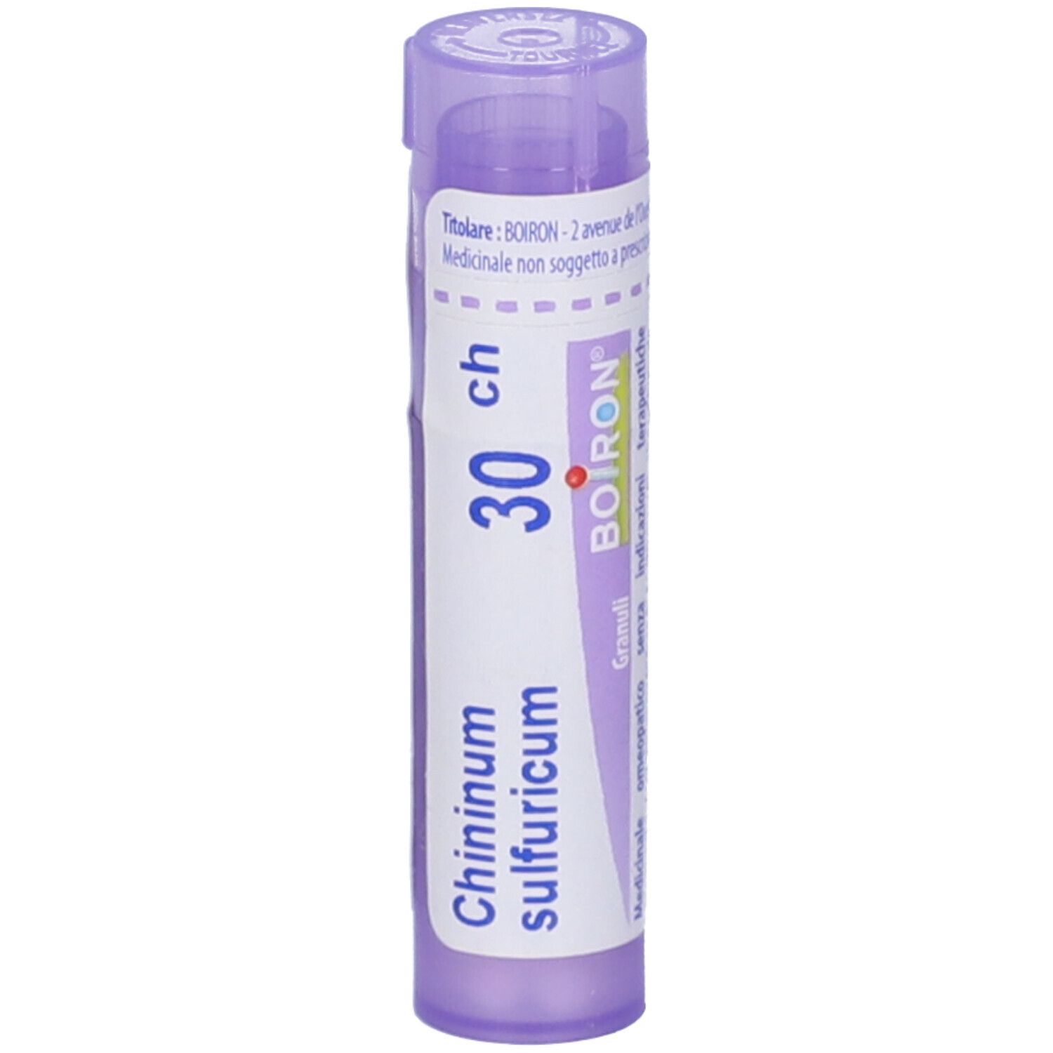 Confezione cilindrica viola con testo bianco. Contiene Chininum sulfuricum 30 ch Granuli di Boiron.